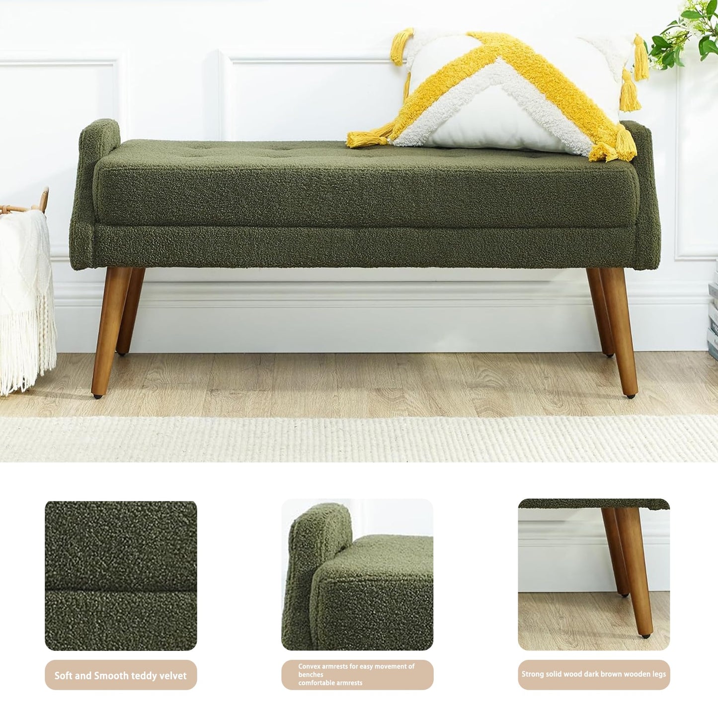 ECLYL Teddy Velvet Armrest Bench is Soft and Comfortable, with Dark Brown Wooden Legs That are Sturdy and Durable,inBedroom, Living Room, Family Room (Green)