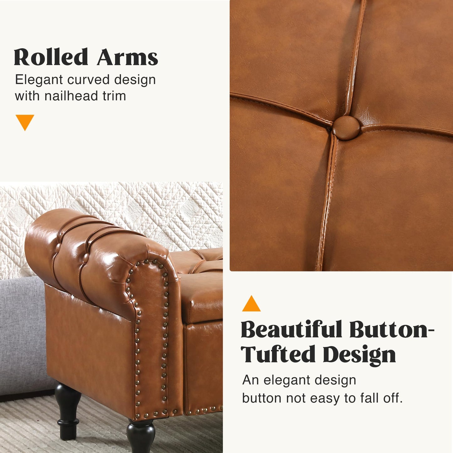 HOMYKA Faux Leather Storage Bench for Bed Room 67 Inch Upholstered Tufted Ottoman Bench with Arms King Size Large Storage Space End of Bed Benches for Bedroom Living Room Entryway Brown