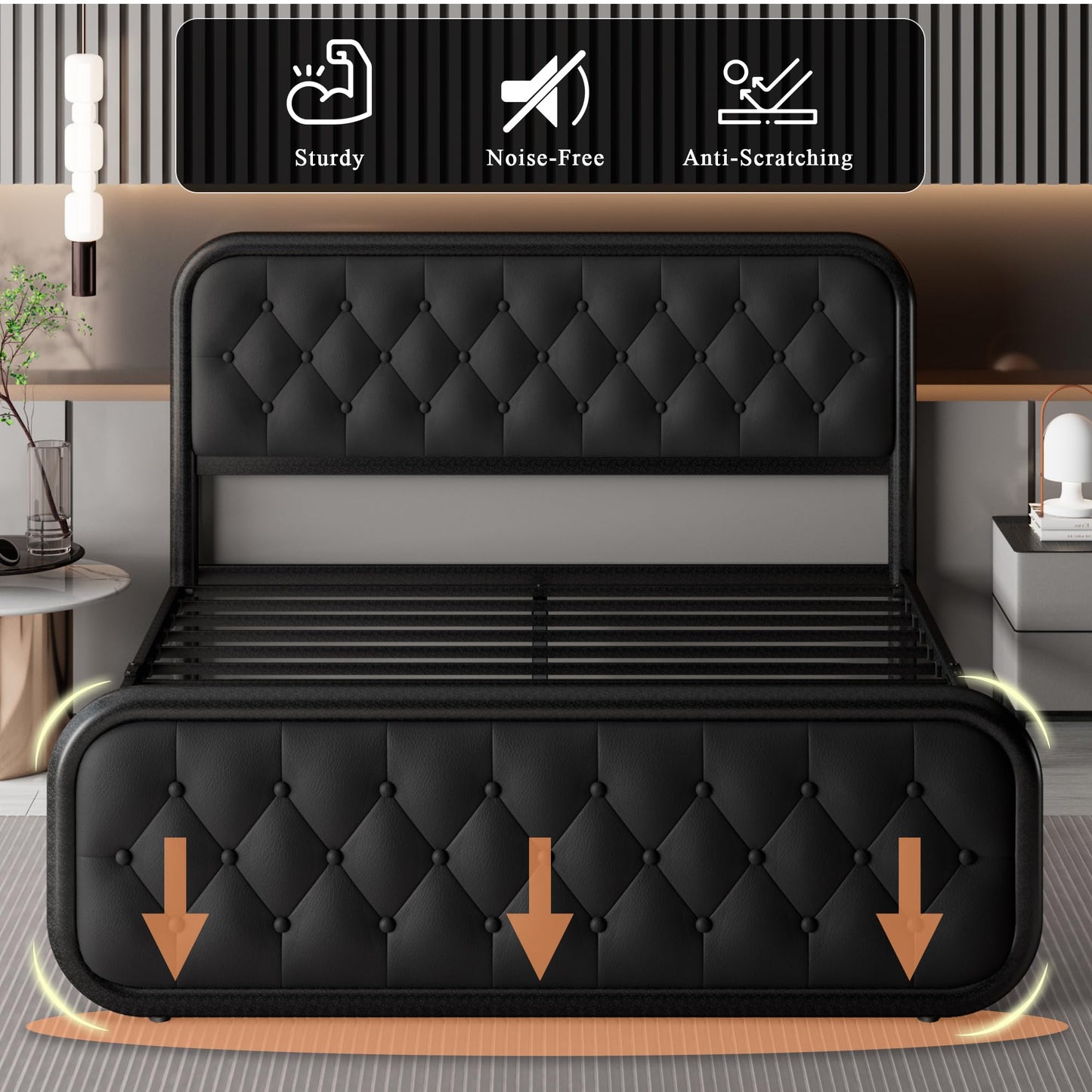 Feonase Queen Size Bed Frame, Heavy Duty Bed Frame with Faux Leather Headboard, Upholstered Platform Bed with Strong Metal Slats, 12" Under-Bed Storage, Noise-Free, Easy Assembly, Black