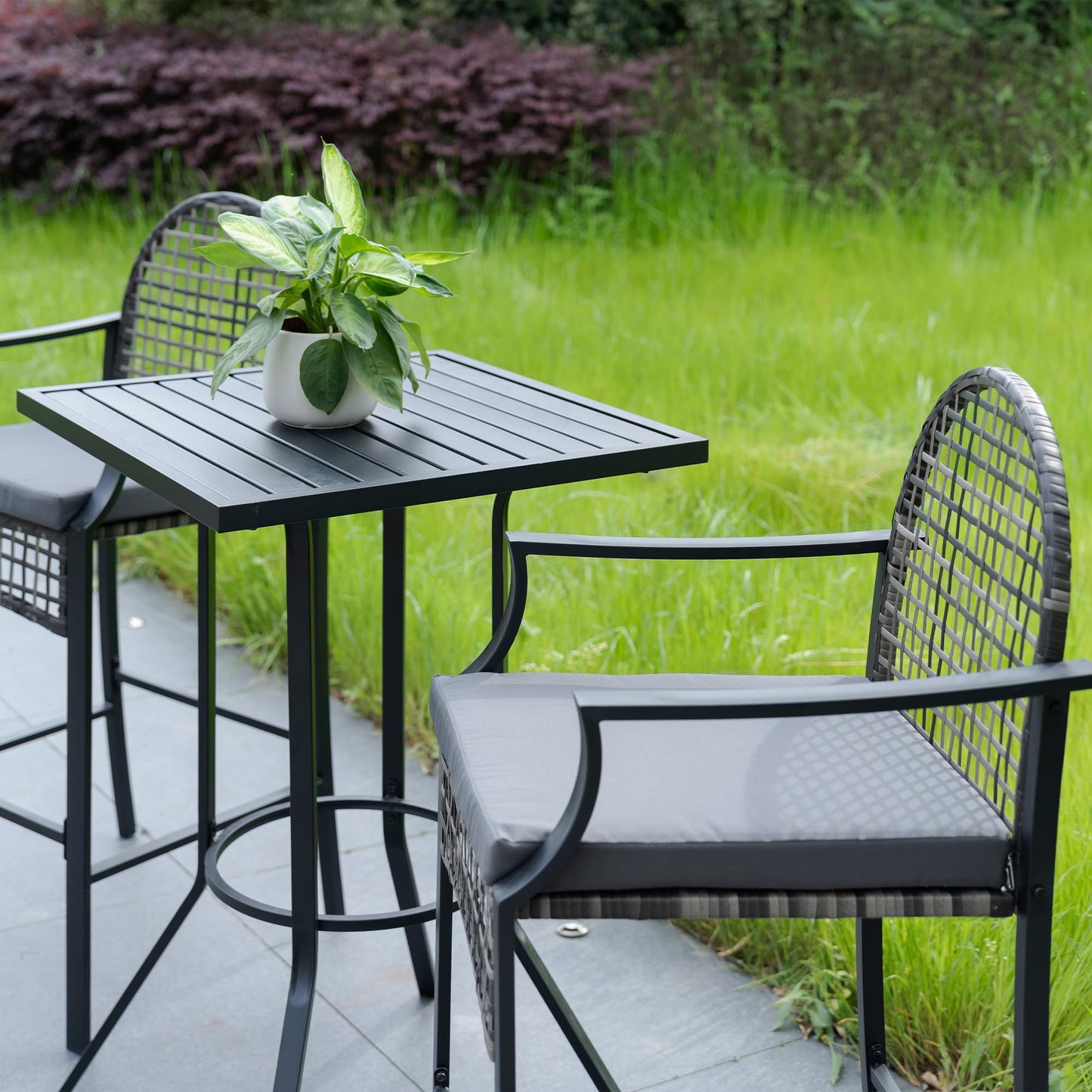 DAYARUS 3 Piece Outdoor Patio Bar Set, Modern Patio Furniture Set, 29.5" Wicker Bar Height Patio Bistro Set, Bar Height Patio Set with Cushions, Outdoor High Top Table and Chairs for Balcony, Gray