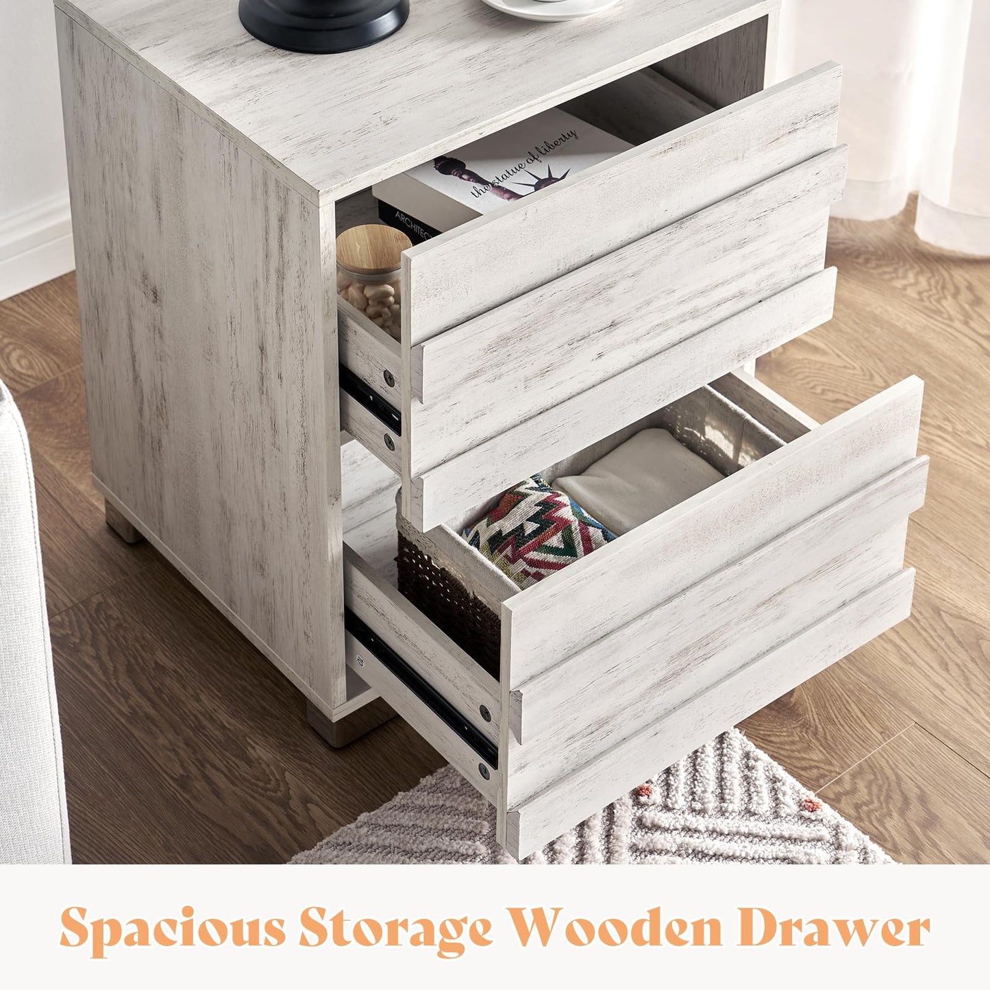 AMERLIFE Nightstand Set of 2 with Charging Station, Wood Bedside Table with 2 Drawers, Farmhouse End Table with Slated Handles & Stainless Steel Feet for Bedroom, Living Room, Distressed White