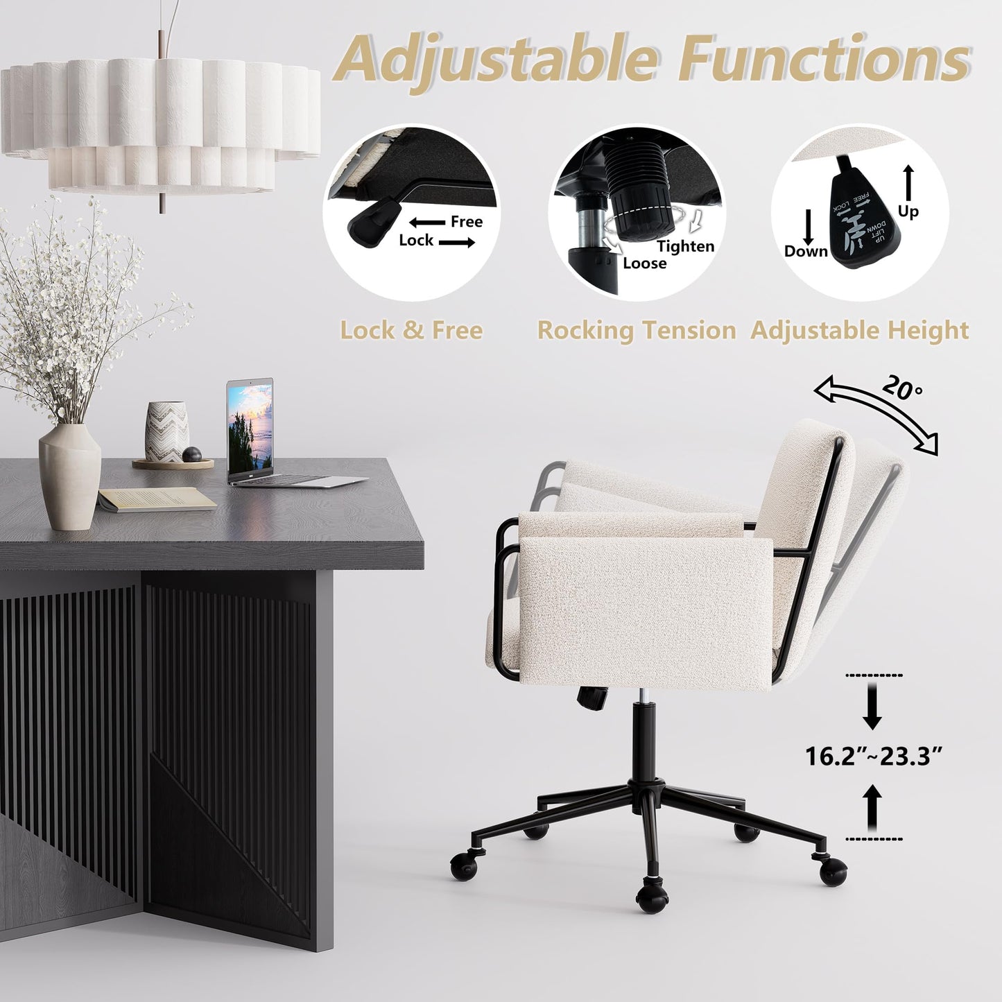 YOUTASTE Wide Office Chair with Wheels, Comfy Modern Rolling Swivel Desk Chair with Beige Bouclé Fabric, Backrest, Armrests, 300 lbs Capacity, Ideal for Makeup Vanity, Computer, Study & Bedroom