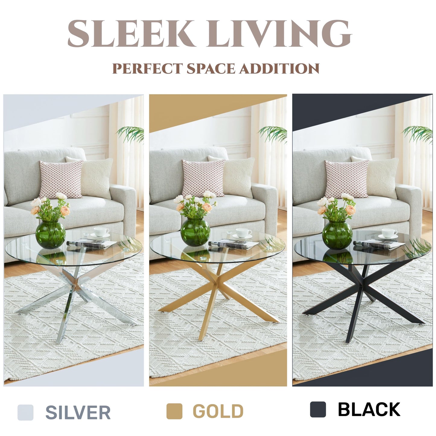Round Glass Coffee Tables for Living Room, Home Office, Modern & Simple Center Table with Clear Tempered Glass Top, 35.5" Wx19.7 H Silver