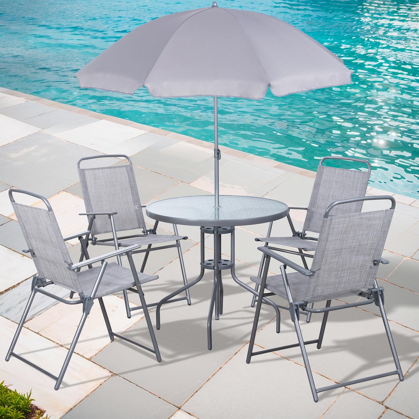 Shintenchi 6 Piece Patio Dining Set with Umbrella, Outdoor Furniture Set with 4 Folding Chairs and Tempered Glass Top Dining Table fot Lawn Backyard Garden Porch Silver
