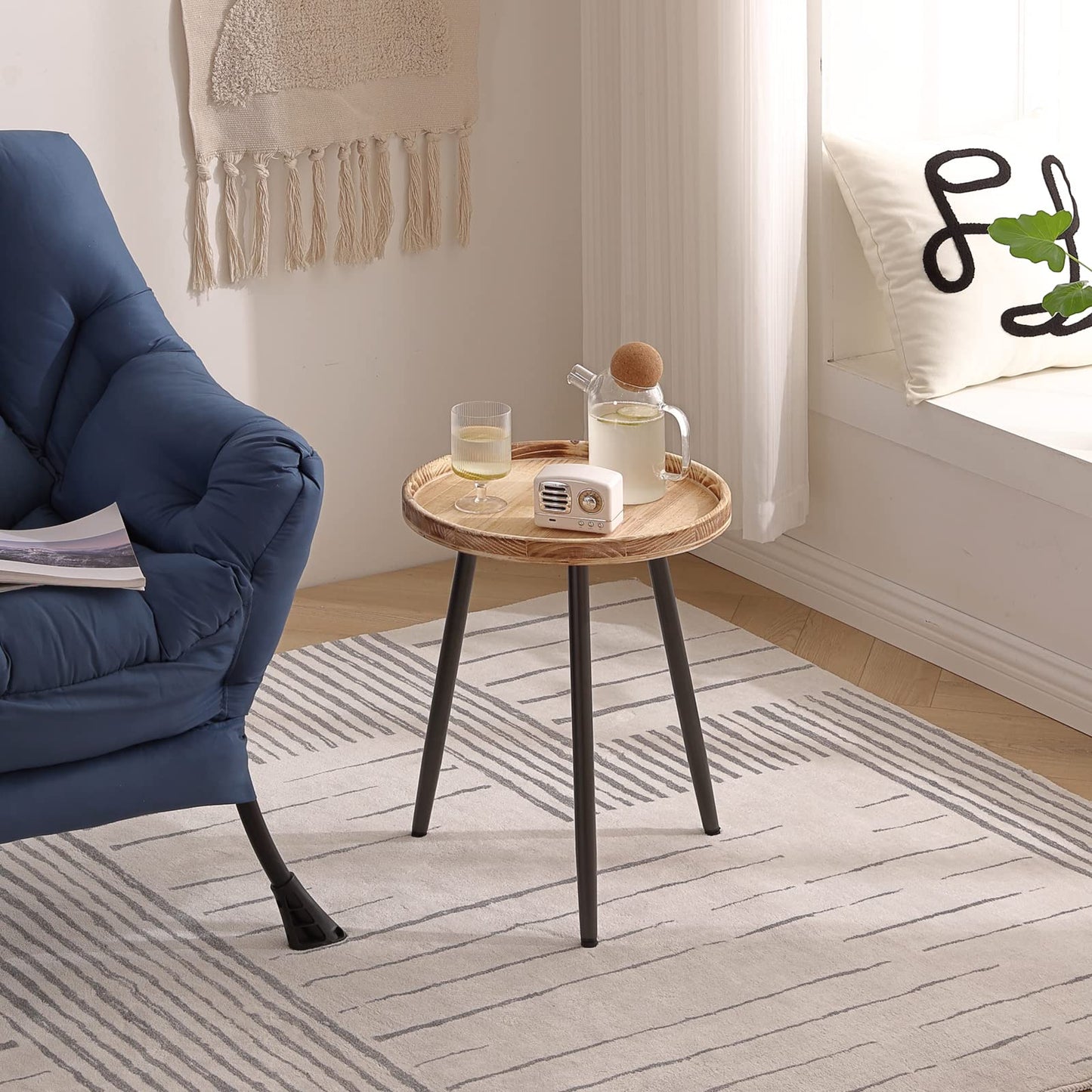 Tiita Round End Table Mental Side Table Nightstand/Small Wood Tables Accent Coffee Table with Wooden Tray for Living Room Bedroom Office Small Space