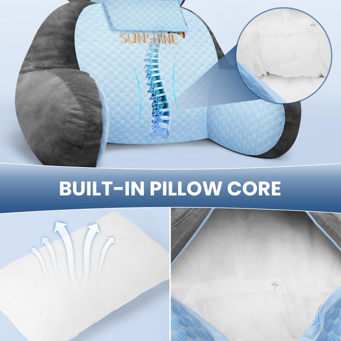 The Adjustable Large Back Pillow for Bed Sitting Up-Ergonomic Back, Neck, and Lumbar Support Pillow-Reading Pillow-Bed Pillow for Sitting Up - Perfect for Elderly, Pregnant Women, and Kids.