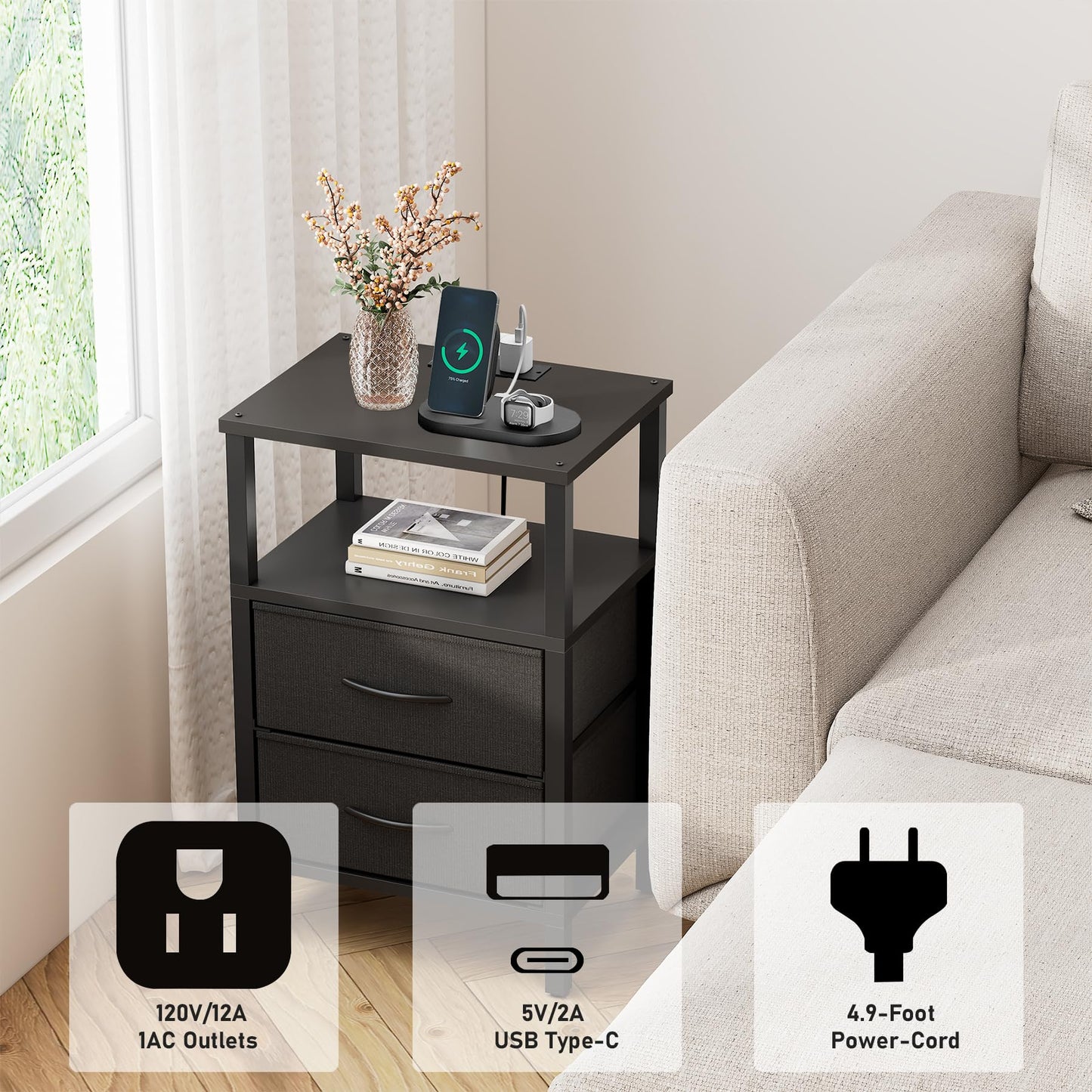 TUTOTAK End Table with Charging Station, Side Table with 2 USB Ports and Outlets, Nightstand with Cloth Drawer, Set of 2, Couch Table, Black TB01BK067