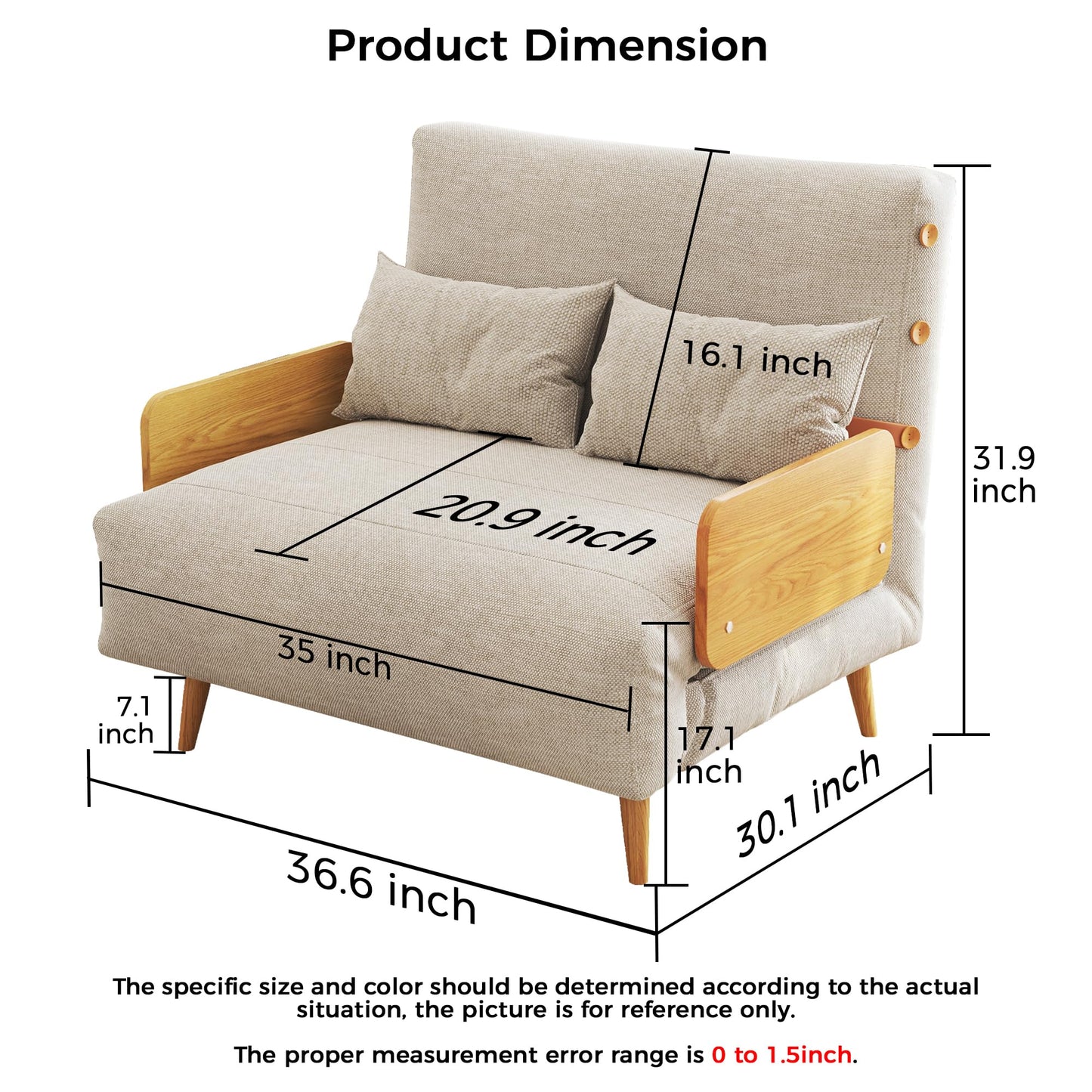 JASIWAY 3-in-1 Convertible Chair Bed Sleeper for Adults, Linen Convertable Sleeper Chair with Wooden Arms & Pillows, Foldable Single Futon Sofa Bed for Small Spaces, Modern, 76.4" D x 36.6" W