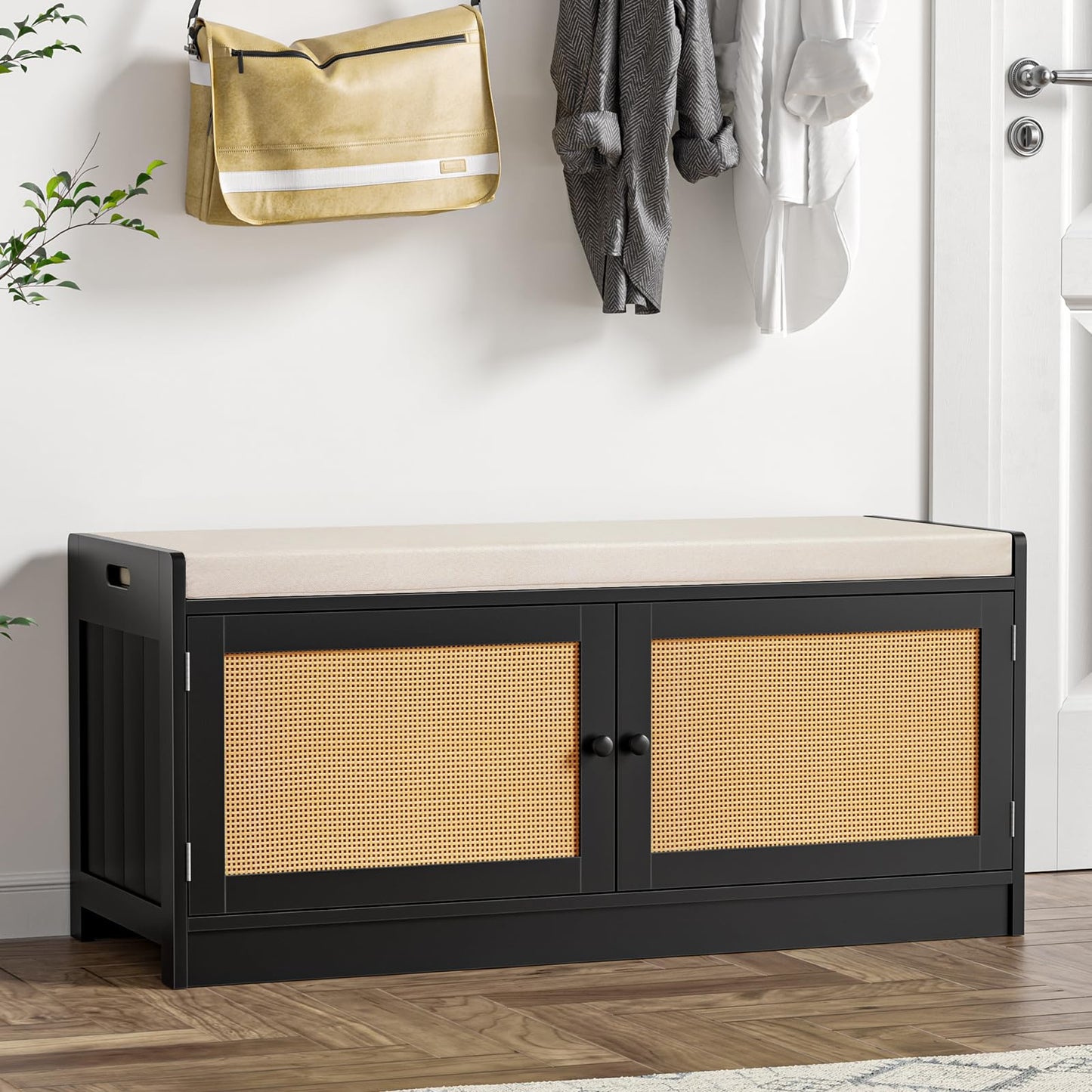 Skokliz Entryway Shoe Bench with Storage, 2 Doors 2-Tier Rattan Shoe Cabinet with Padded Cushion & Adjustable Shelves, Boho Shoe Organizer Storage Bench for Hallway, Bedroom, Entrance