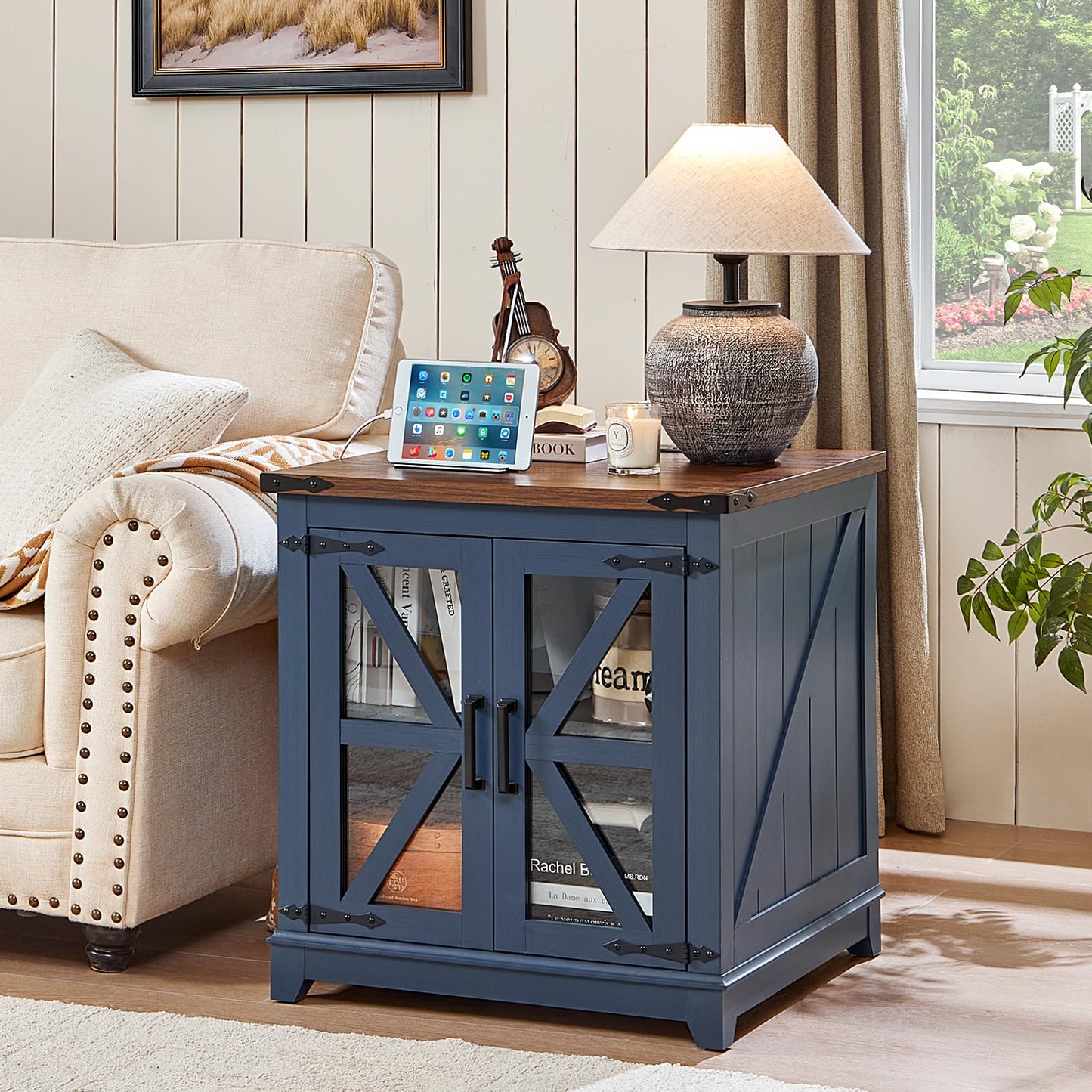 Joaxswe Farmhouse End Table with Charging Station, 24" Large Sofa Side Table with Glass Barn Door, Blue Nightstand with Adjustable Storage Shelf,Wood Square Bedside Table for Living Room,Bedroom
