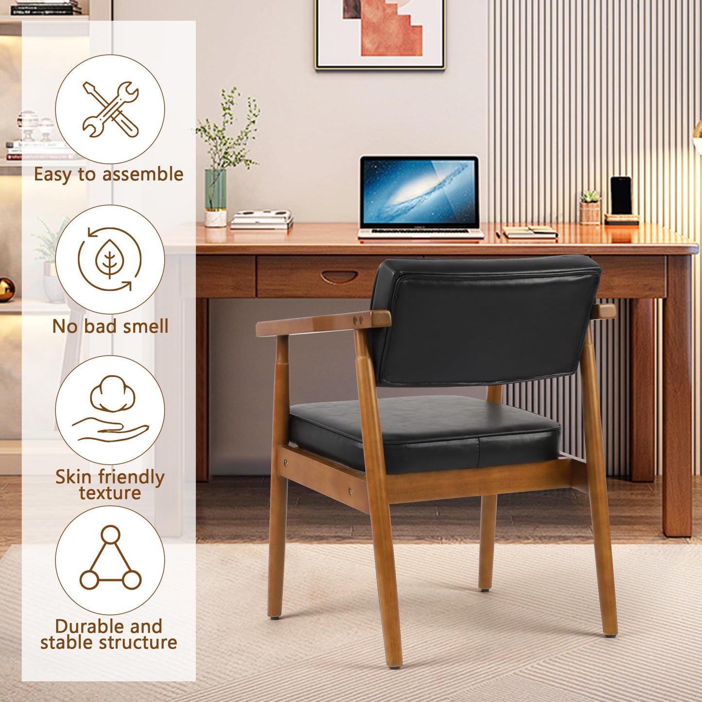 LSSPAID Mid Century Dining Chairs with Wooden Handrail, Black Fabric Upholstered Faux Leather Armchair Comfy Backrest Modern Kitchen Chairs for Bedroom Living Room Dining Room, Set of 1