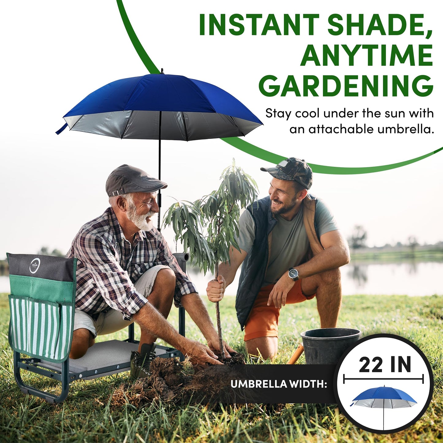 SteveZen - Garden Kneeler Seat Bench, Garden Kneeling Bench with Sunshade Umbrella, Ergonomic Handles, Folding Table, and Potting Mat, 10.2" Foam Knee Seat, Loading Capacity 330 Lbs