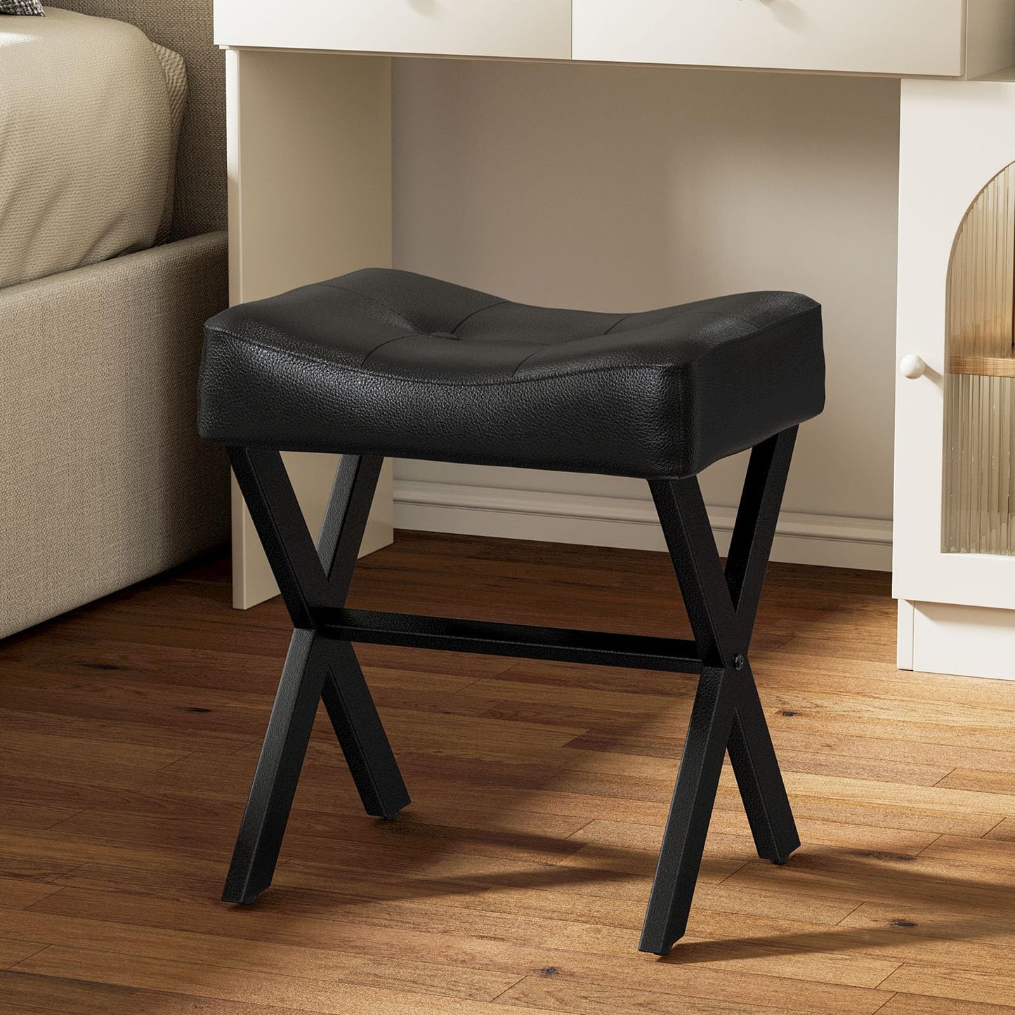 Memobarco 18-Inch Leather Vanity Stool Chair, Vanity Bench with Metal X-Leg, Ottoman Foot Stool with Thick Padded Saddle Seat, Black