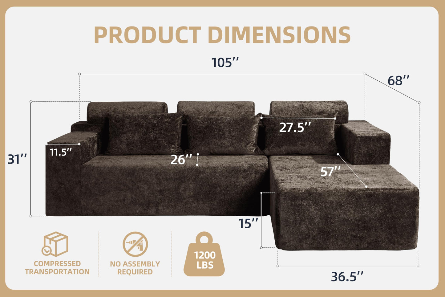 Homguava Modular Sectional Couches for Living Room,105" Cloud Couch with L-Shape Chaise,Comfy Sofa Living Room Couch with Deep Seat,No Assembly L Couch,Luxury Distressed Velvet(Yellow Brown,R)