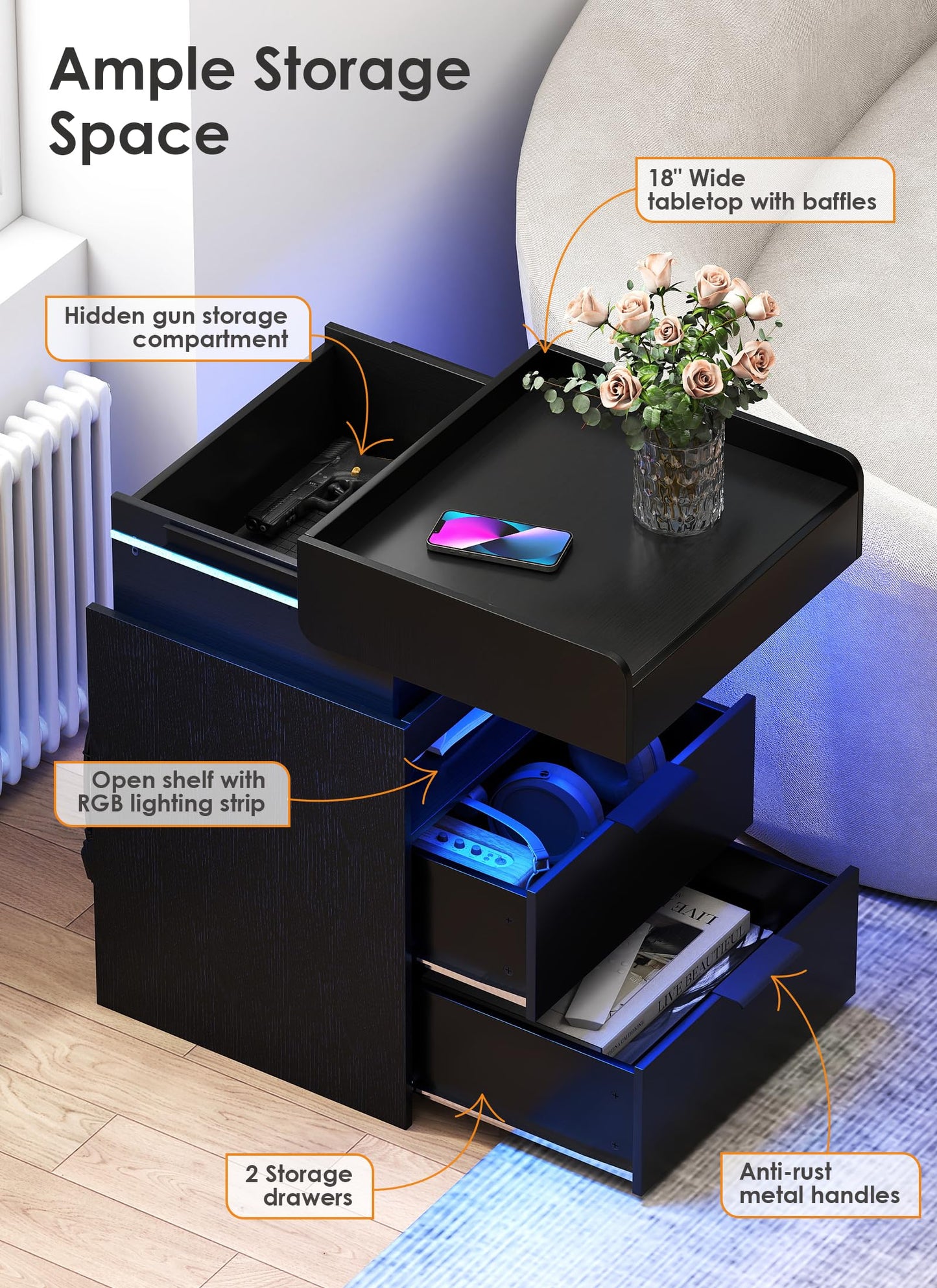 Night Stand with Gun Drawer - Modern Nightstand with Charging Station & LED Lights Widen Bedside Tables with 2 Drawers Hidden Sliding Top Storage Open Cabinet End Table for Living Room Bedroom Black