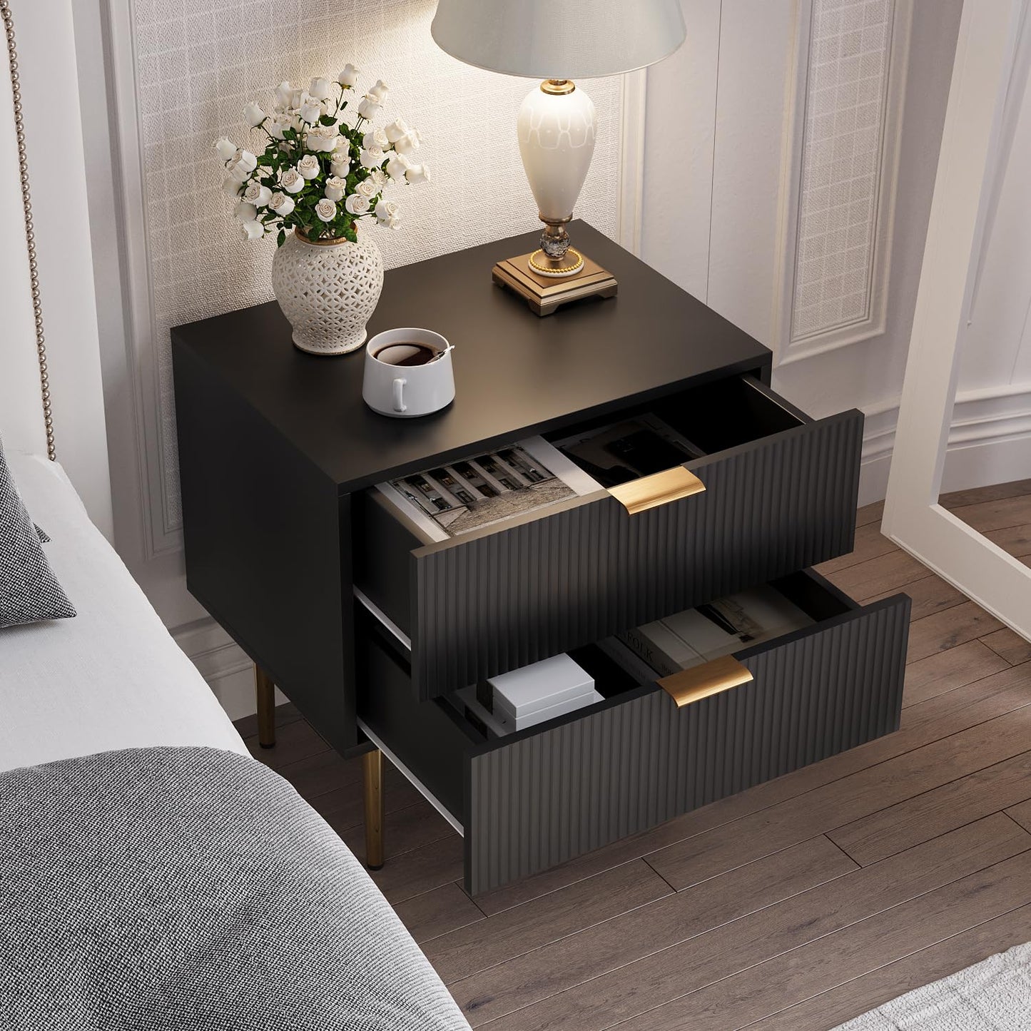 Algherohein Black Nightstand for Bedroom, Fluted Night Stand, End Table for Living Room, Mid Century Modern Bedside Table with Drawers, Bed Side Table with Gold Metal Legs, Bedroom Furniture Stripe