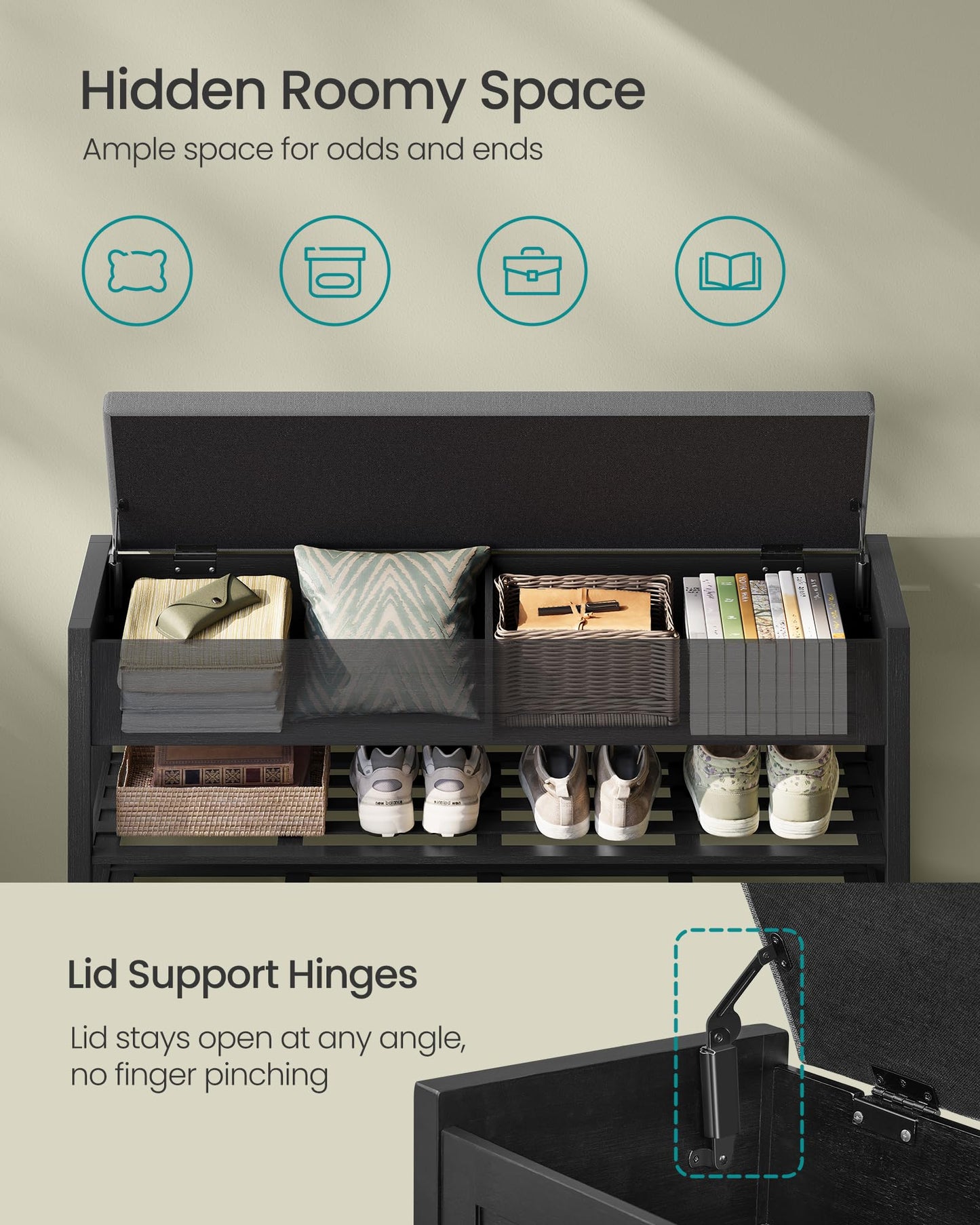 SONGMICS Storage Bench, Bamboo Shoe Rack, Entryway Furniture, 39.4 Inches Wide, Hidden Storage Compartments, 2-Tier Shoe Shelves, for Entryway, Living Room, Bedroom, Dorm, Ink Black ULSB059B01