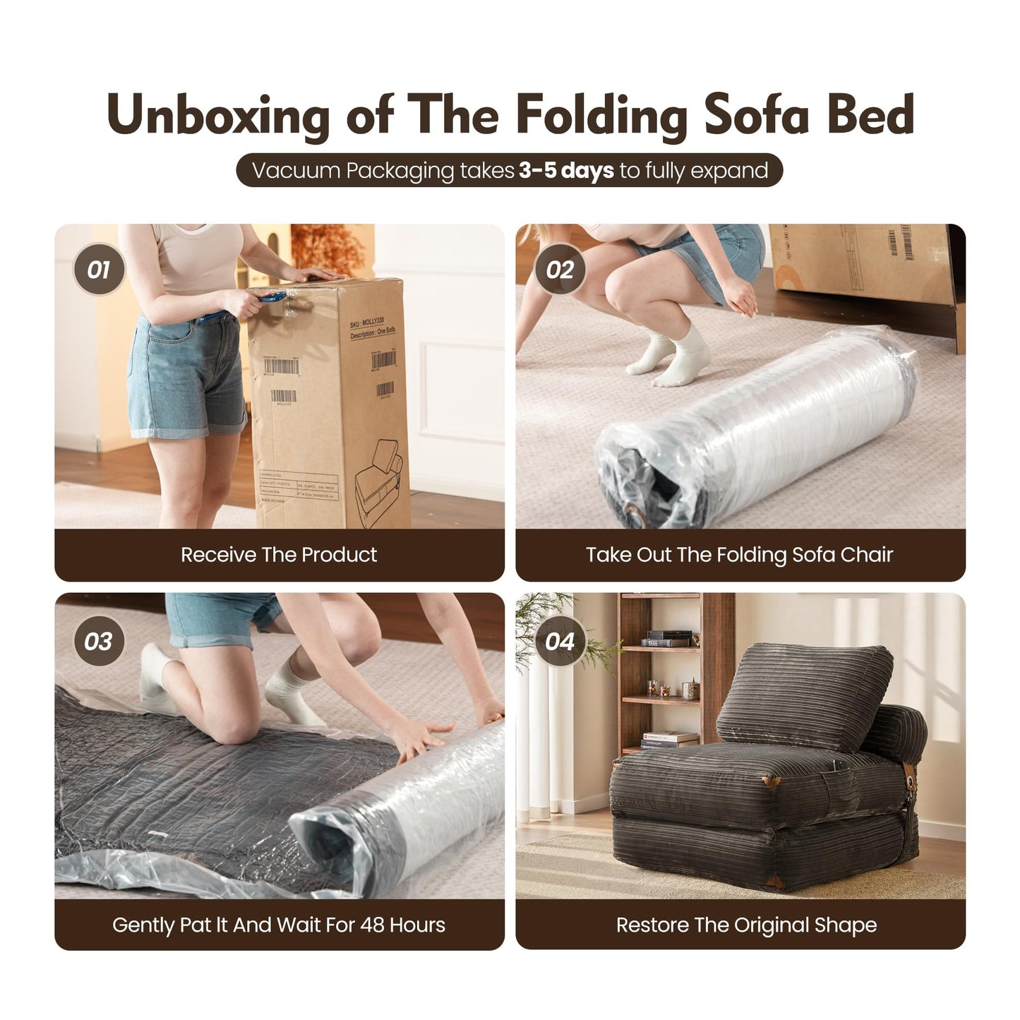 ovios Folding Sofa Bed, Convertible Sleeper Chair with Pillow Foldable Mattress with Back Support, Portable Fold Out Comfy Floor Lounge for Living Room Bedroom, Grey