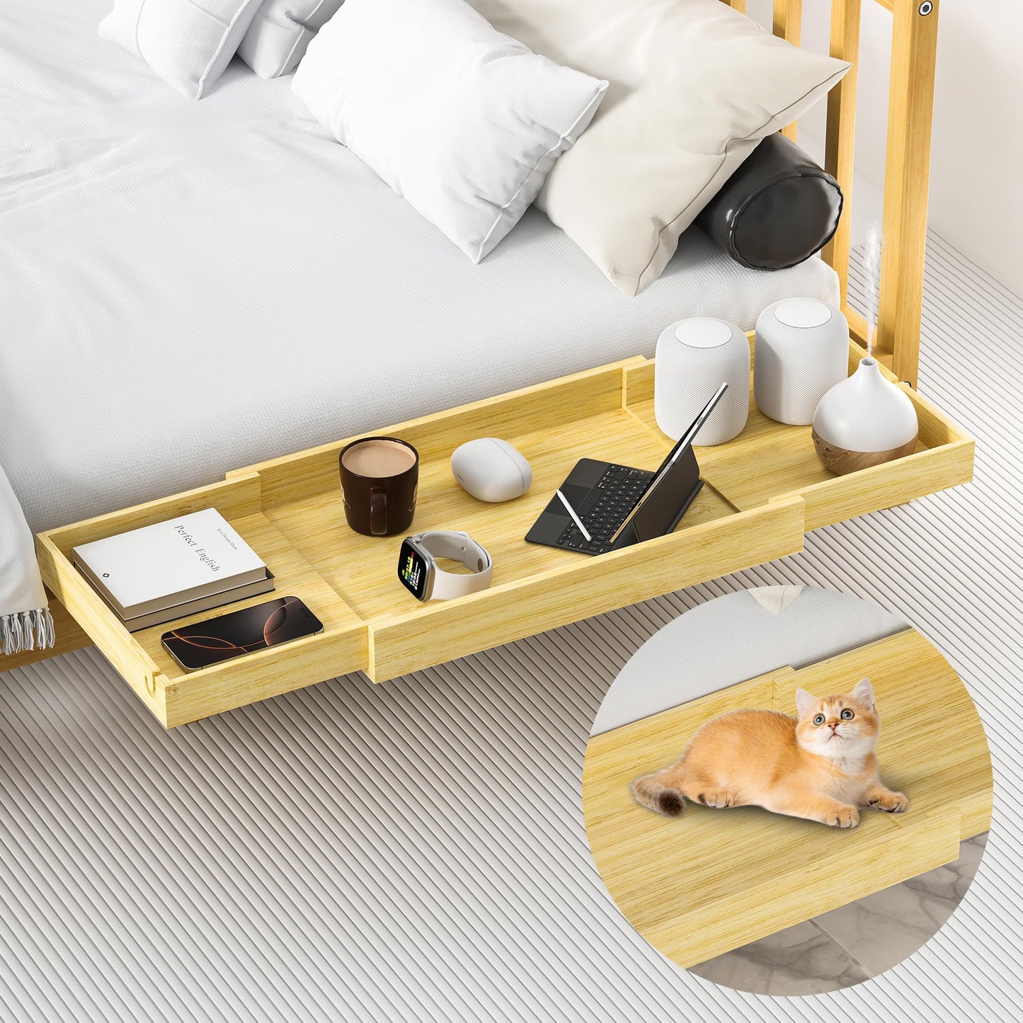 MinBoo Bedside Shelf Expandable Bamboo College Caddy for Top Bunk Clip Nightstand Shelf Floating Bed Side Table Tray Storage Dorm Room Decor High Capacity
