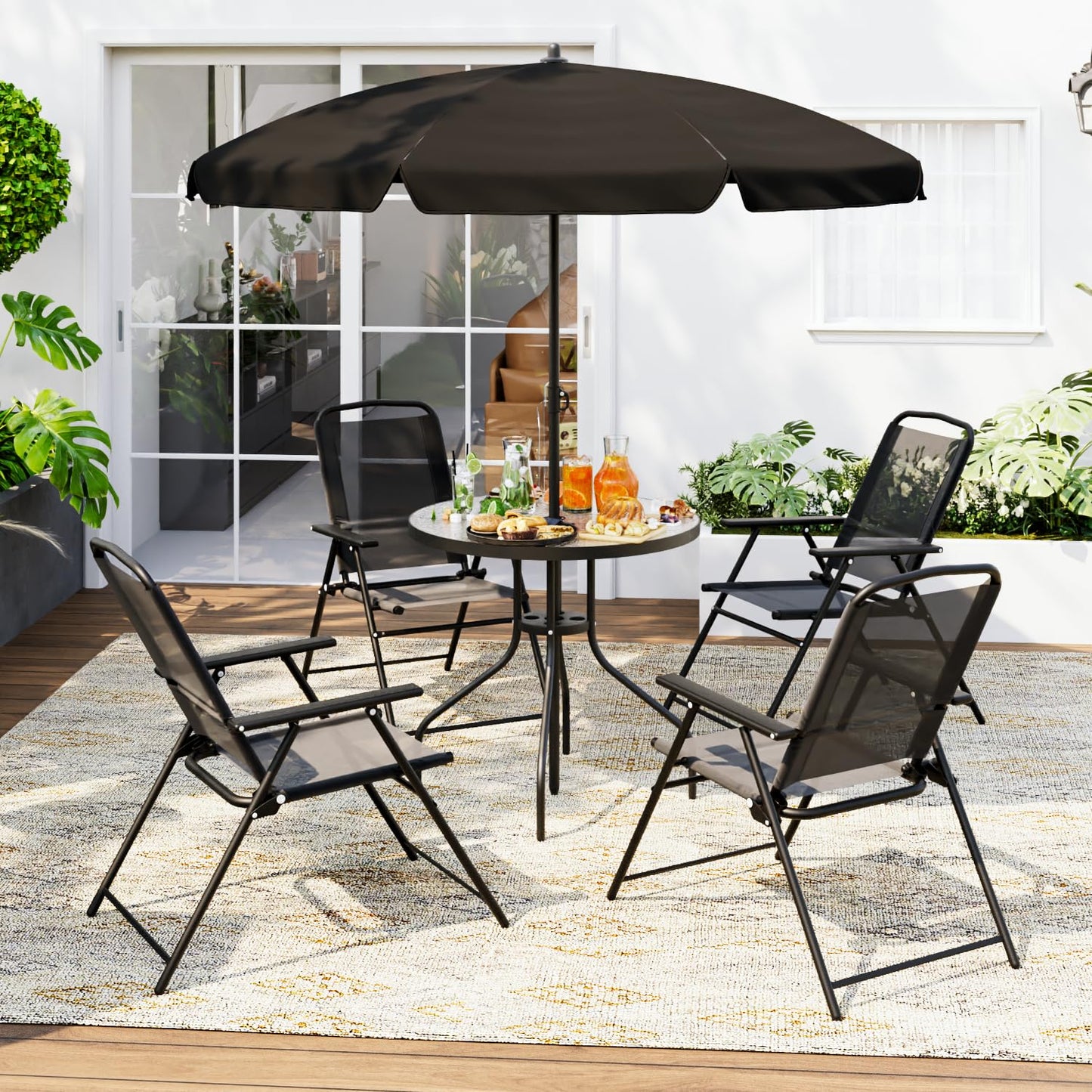 TAVATA 6 Piece Patio Dining Set with Umbrella, Outdoor Furniture Set with 4 Folding Chairs & Portable Metal Garden Table for Lawn, Backyard, Deck, Camping（Black）