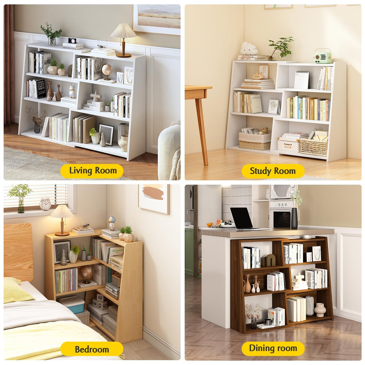 IOTXY Wooden Extendable Shelf Bookcase - 3-Tier Ladder Low Short Bookshelf for Small Space or Corner, Oak, L
