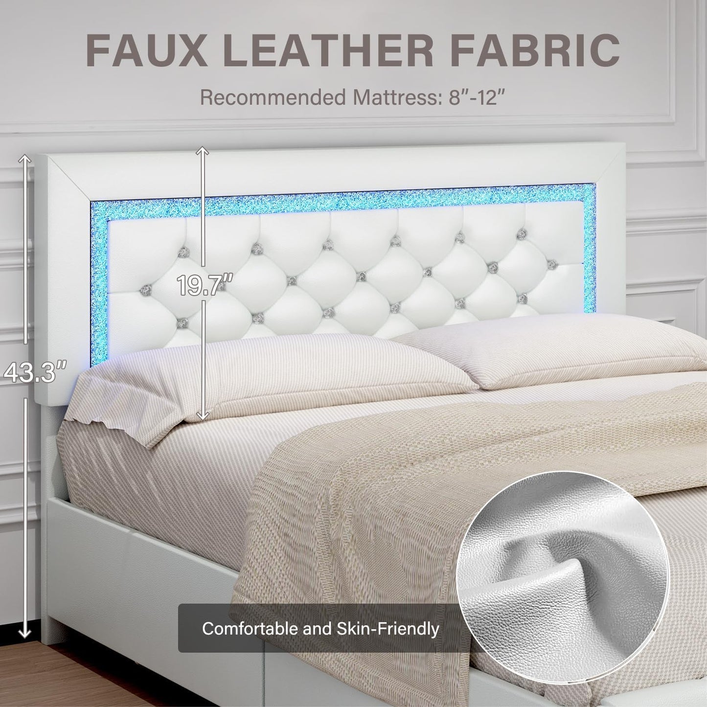 Queen Bed Frame with LED Lights, Upholstered Bed Frame with Storage Drawers, Princess Platform Bed with Diamond Headboard and Footboard, No Box Spring Needed, White