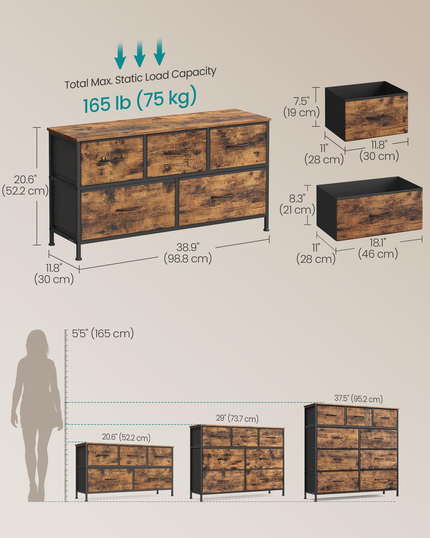 SONGMICS Dresser for Bedroom, Chest of Drawers, TV Stand, Steel, MDF, 5 Non-Woven Fabric Drawers, Storage Organizer Unit, Closet, Entryway, Rustic Brown and Ink Black ULGS322B02S