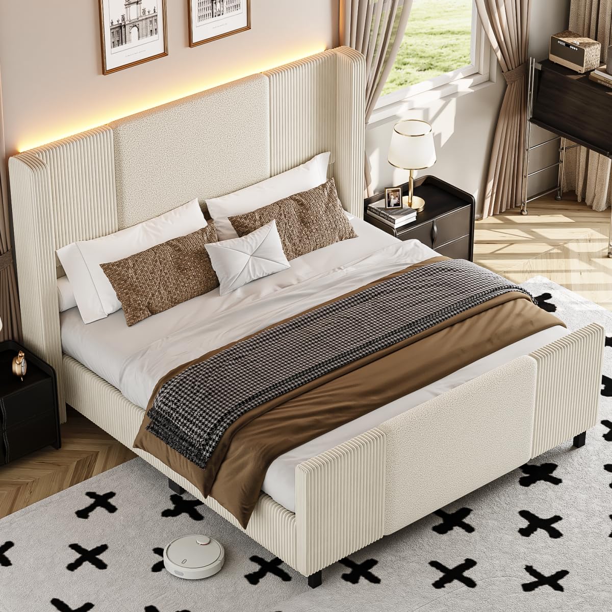 Lihimte 48" Tall Headboard Queen Bed Frame with LED Lights, Boucle and Corduroy Upholstered Bed Frame Queen with Wingback Headboard and Footboard, No Box Spring Needed, Noiseless, Easy Assembly, Beige