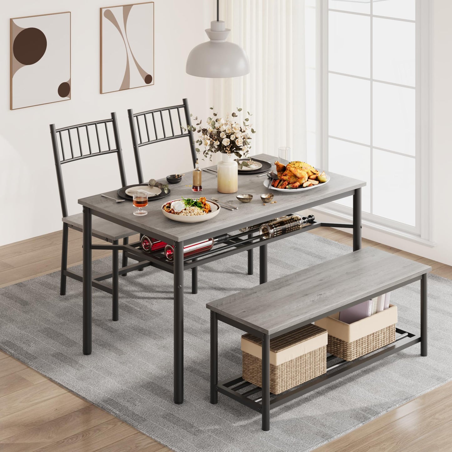 GAOMON Dining Table Set for 4 with Bench and 2 Chairs, Rectangular Kitchen Table Set with Wine Rack, Dining Room Table Set for 4 with Storage Benches for Small Space, Apartment, Rusric Grey