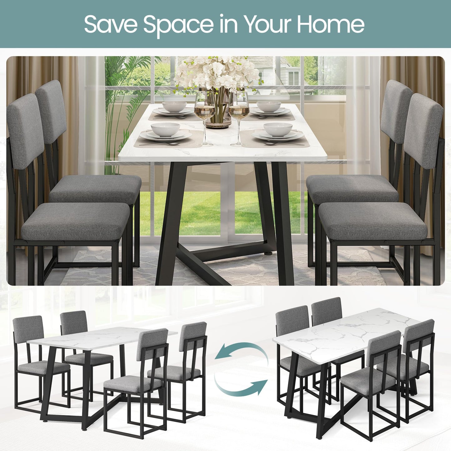 HUGROVE 5-Piece Dining Table Set, 47.27'' Faux Marble Rectangular Table with 4 Linen Upholstered Dining Chairs, Modern Kitchen & Dining Room Furniture for Apartment (Silver)