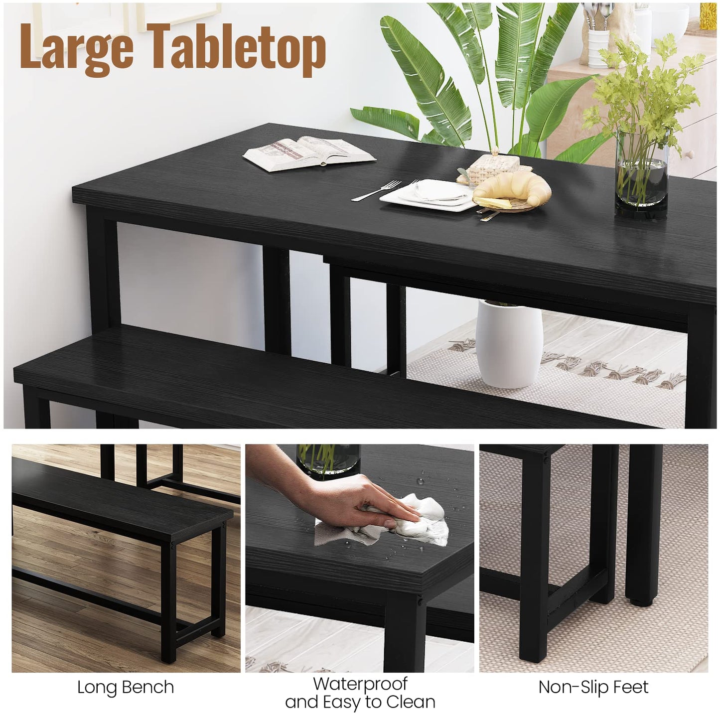 Recaceik Dining Table Set for 4 Kitchen Table Set with 2 Dining Benches, 3 Piece Farmhouse Dining Room Table Set Industrial Breakfast Nook Table Set for Small Space, Apartment, Black