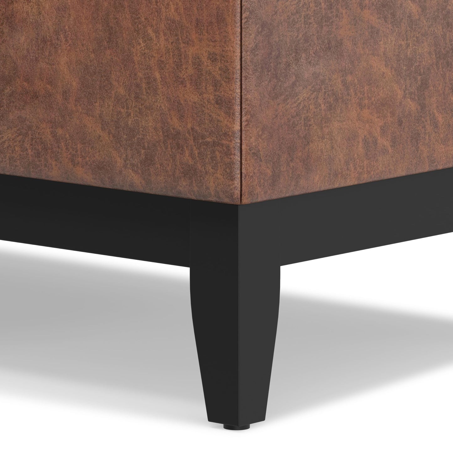 SIMPLIHOME Oregon 42 inch Wide Transitional Rectangle Storage Ottoman Bench with Tray in Distressed Saddle Brown Vegan Faux Leather, Assembled, For the Living Room, Entryway and Family Room