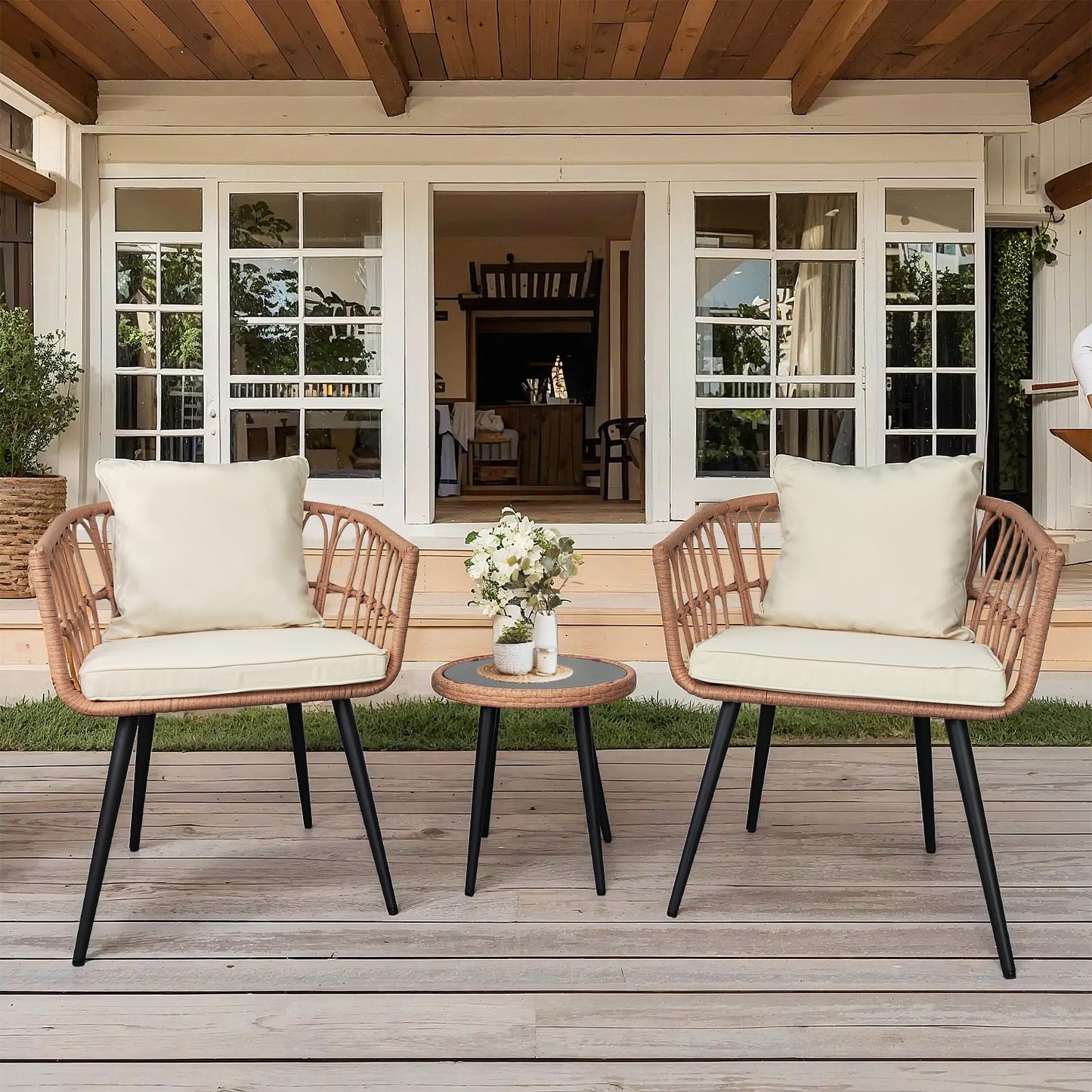 YINRUIN 3 Piece Patio Bistro Set,Outdoor Rattan Furniture,All-Weather Patio Furniture Set with 2 Chairs and 1 Glass Table for Balcony, Porch, Backyard (Beige)