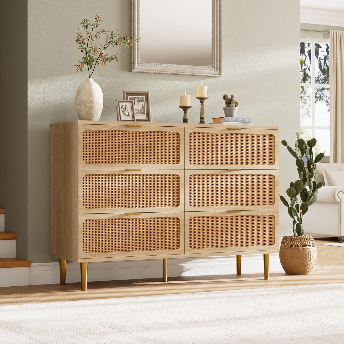 Rattan 6 Drawer Dresser for Bedroom, Large Double Dresser with Deep Drawers, Wooden Chest of Drawers for Closet with Wide Top, for Living Room, Hallway, Kids Room, Natural