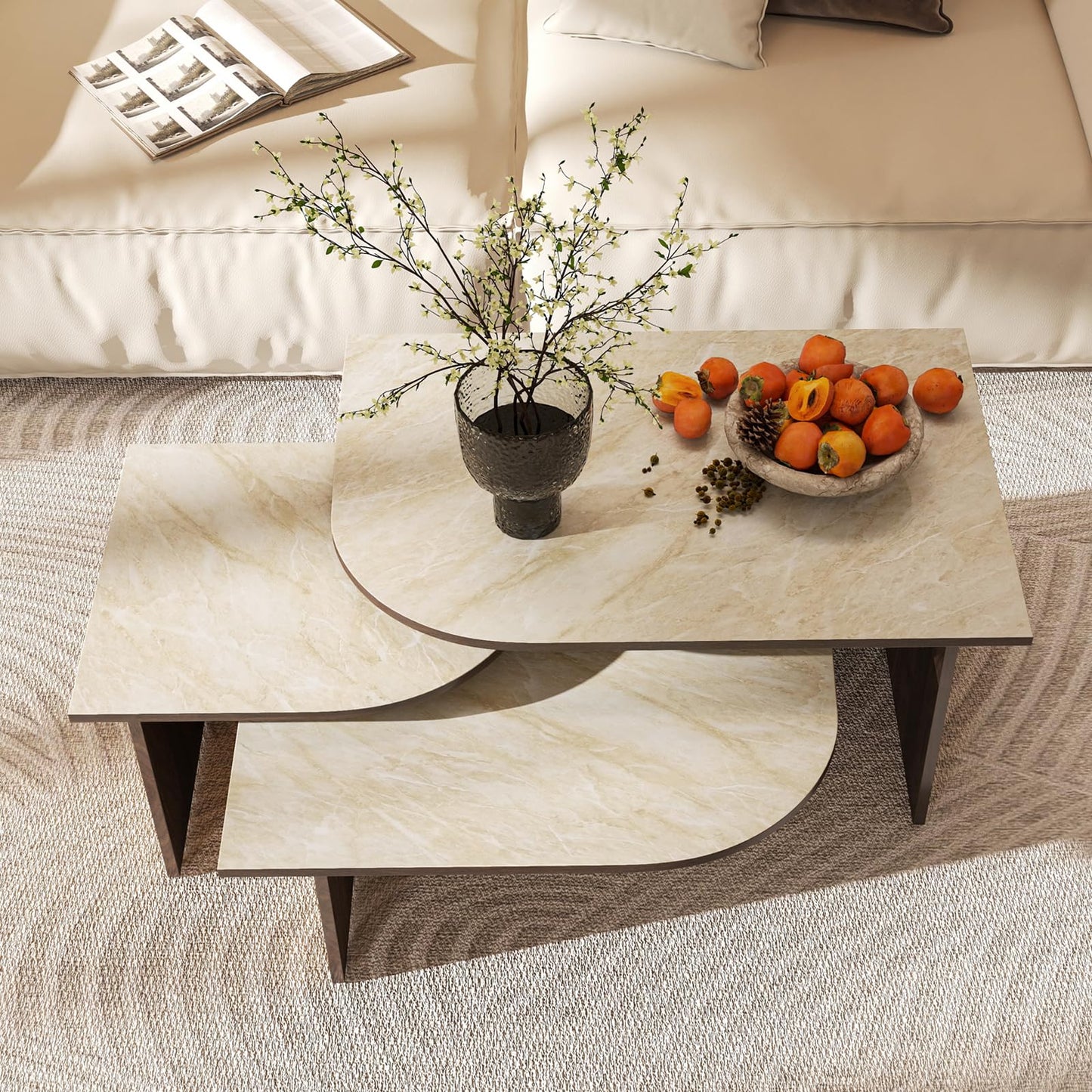 ChicAura Mid Century Modern Coffee Table Set of 3, Nesting Coffee Table with Marble Pattern Tabletop and Solid Wood Legs, Wood Side Tables for Living Room, Walnut