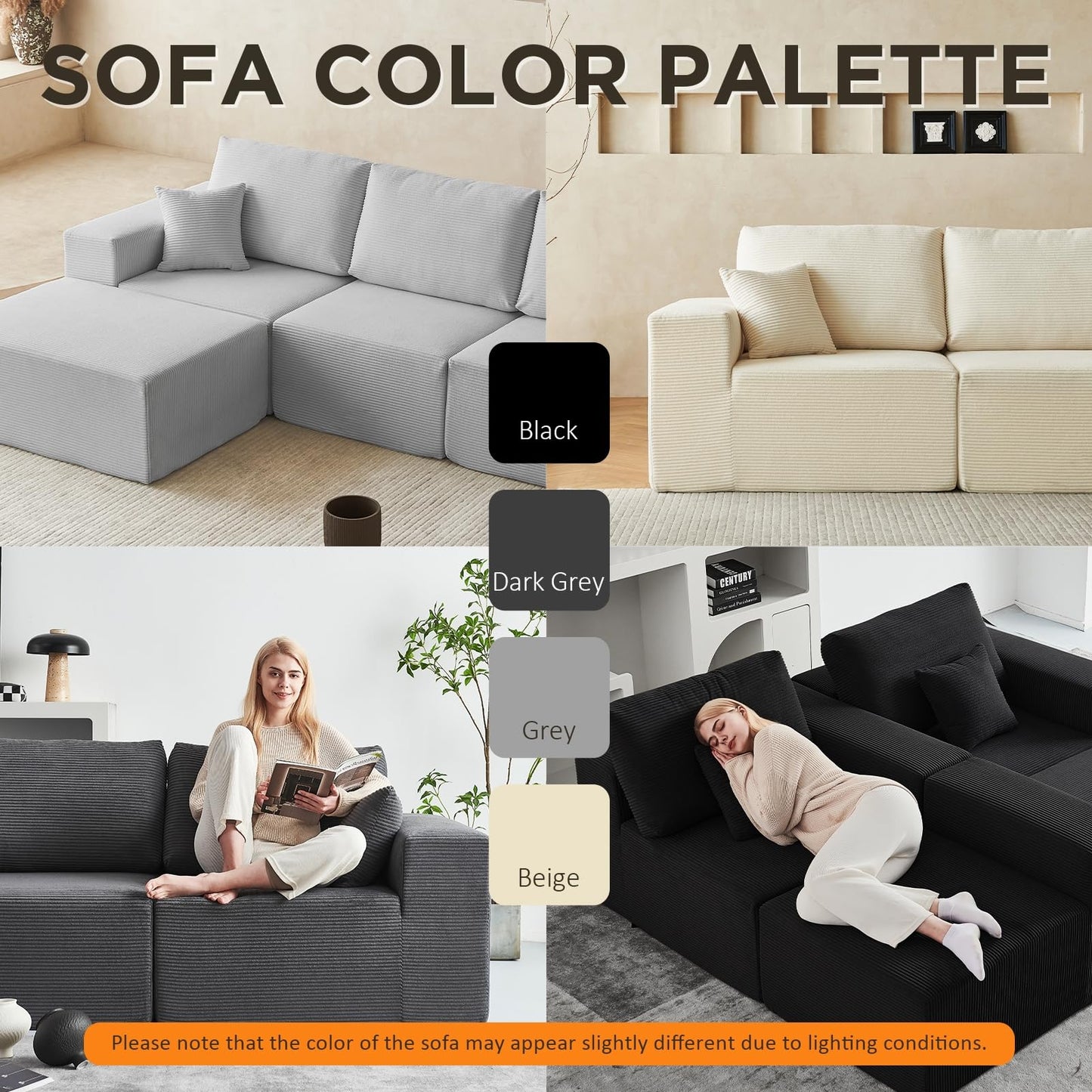 INGEROOM 108" Cloud Sectional Couch, Modular Sectional Sofa with L-Shaped Chaise, Modern Plush Corduroy Couch for Living Room Bedroom（Black）