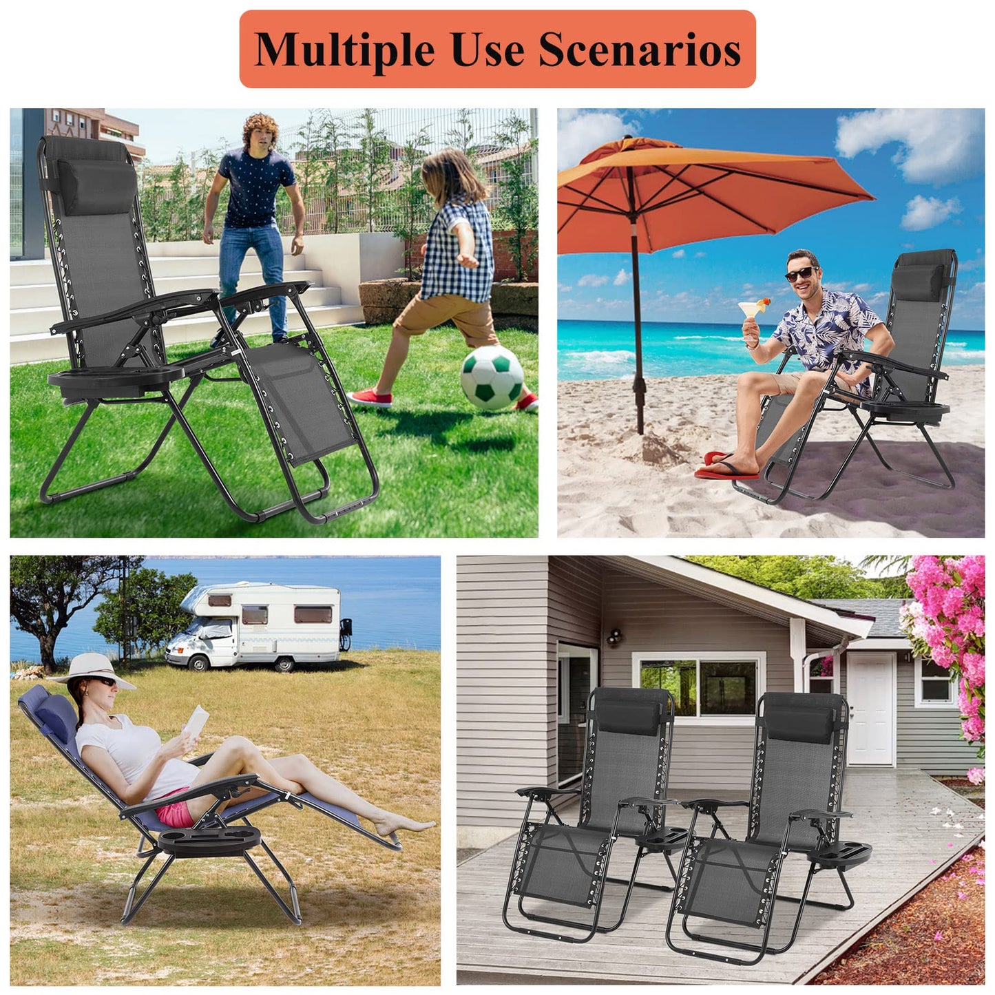 Pazidom Zero Gravity Chair Set of 2, Folding Lounge Chair Adjustable Reclining Chair Camping Lawn Chair w/Pillow and Cup Holder Tray, Folding Chair Outdoor Chair - Comfortable & Breathable, Black