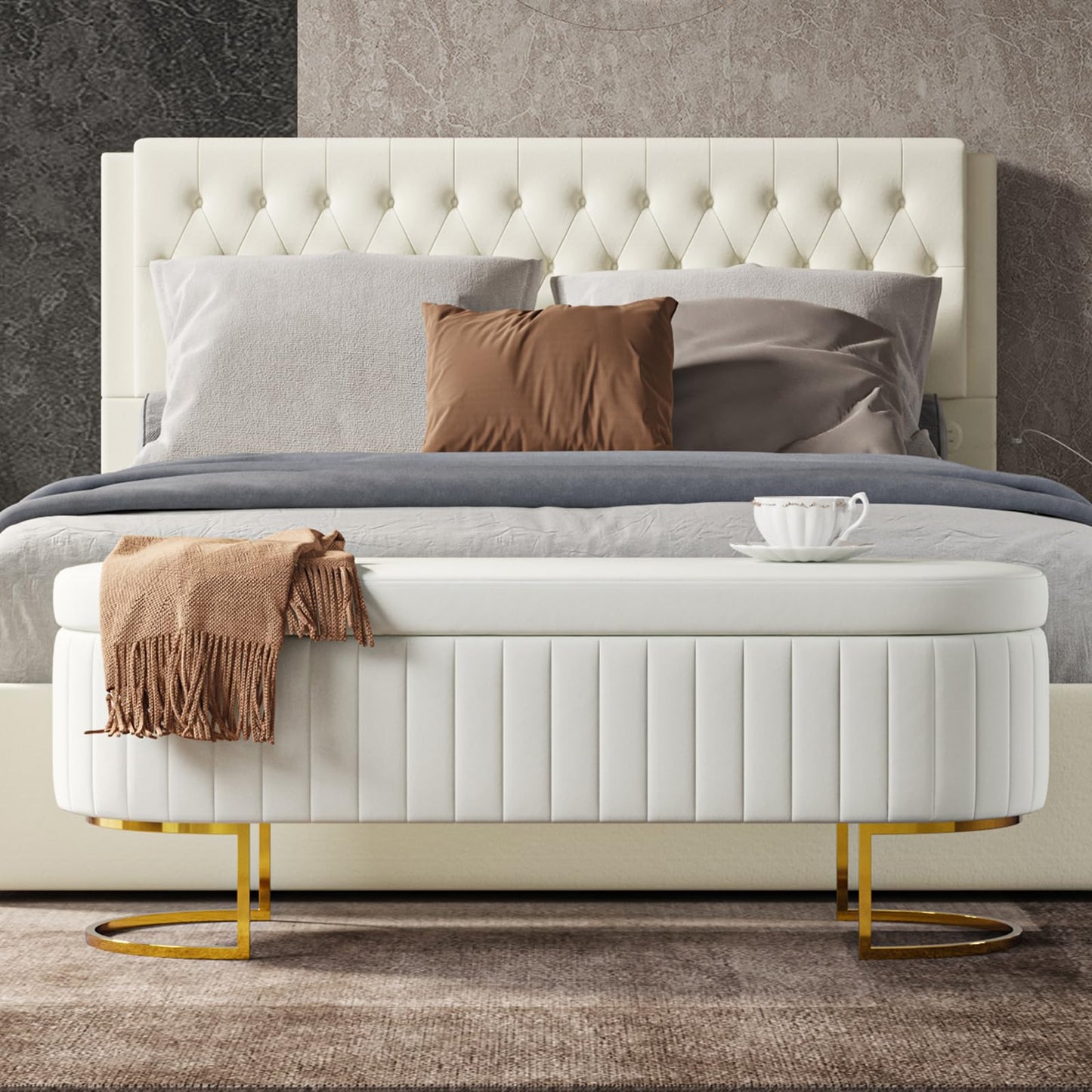 EcoHarbor Living 50" Storage Ottoman Bench with 2 Additional Ottomans, End of Bed Bench Bedroom Bench, Upholstered Velvet Long Window Bench with Gold Legs, Flipping Lid Entryway Footrest