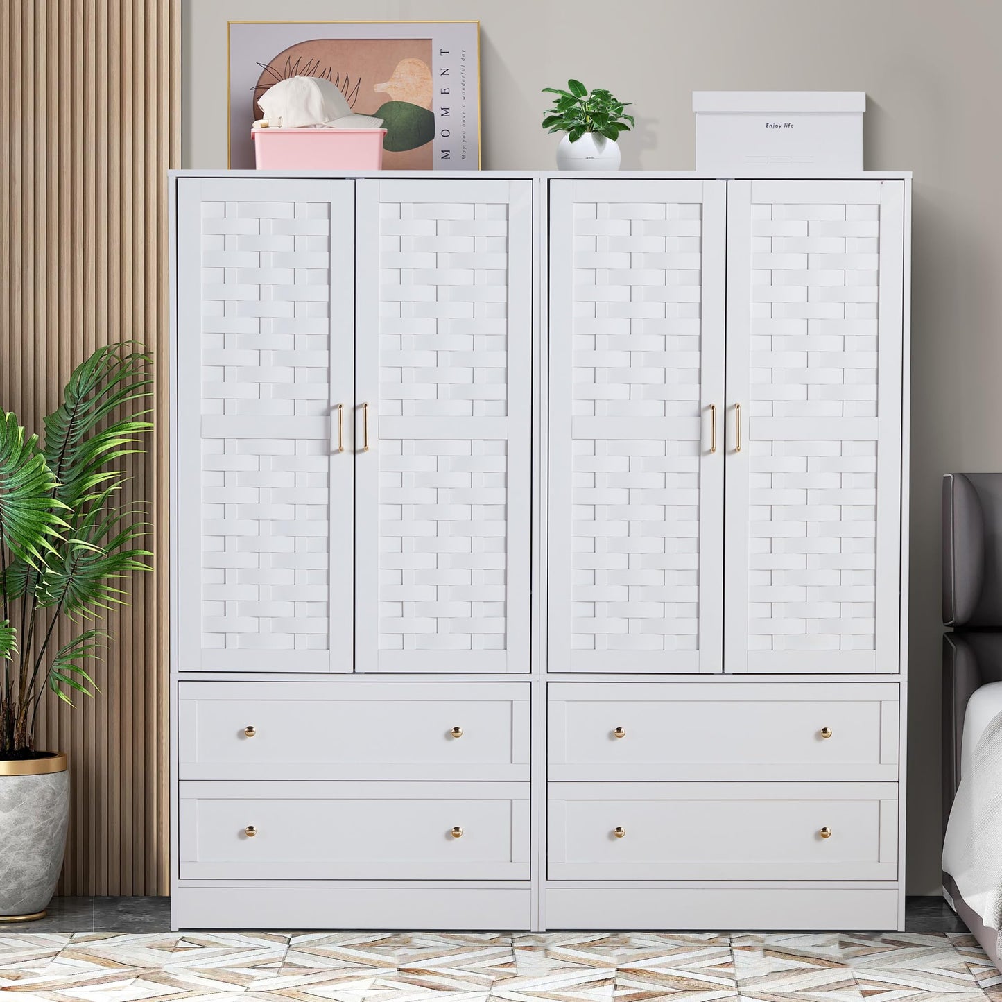 LEVNARY Armoire Wardrobe Closet with 2 Woven Doors, Wardrobe Cabinet with 2 Storage Drawers and Hanging Rail, Freestanding Wooden Closet for Bedroom (White)