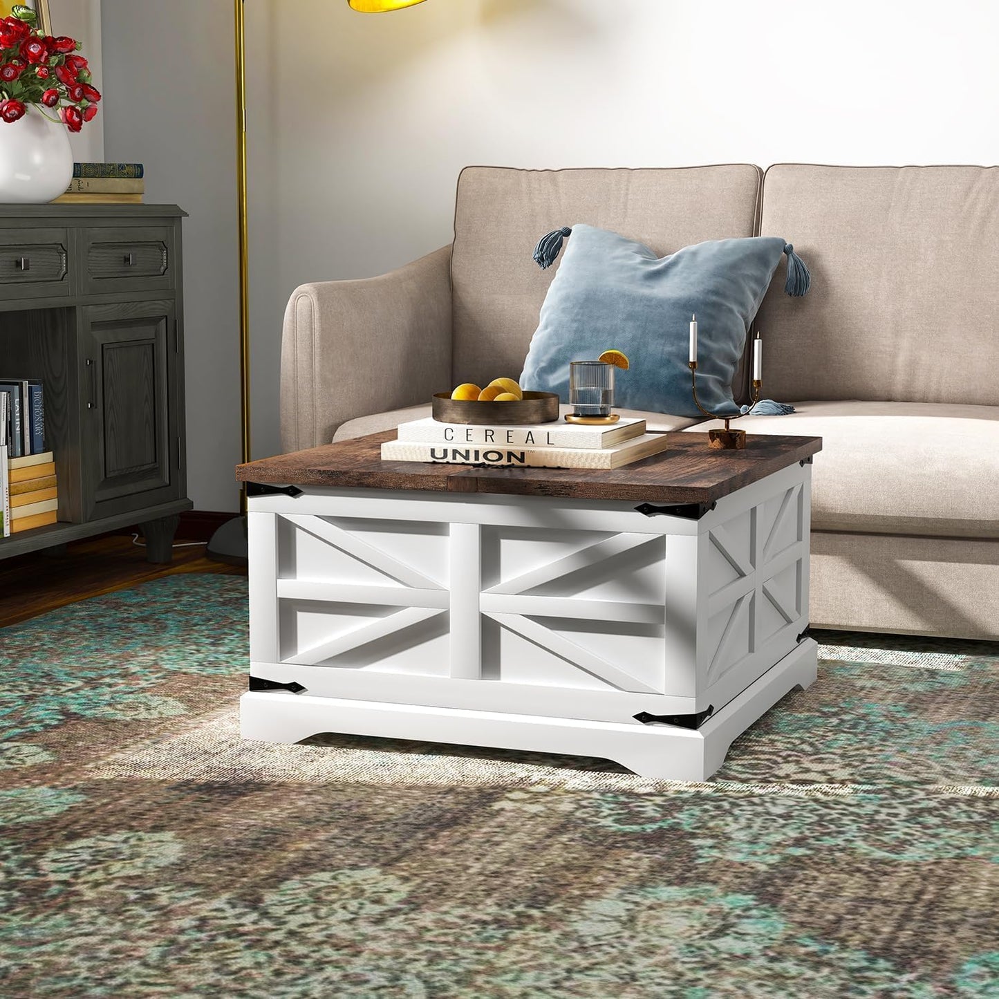 oneinmil Farmhouse Coffee Table with Storage Organizer, Square Coffee Tables with Large Storage Space, Center Table for Living Room, Bedroom, Home Office, White