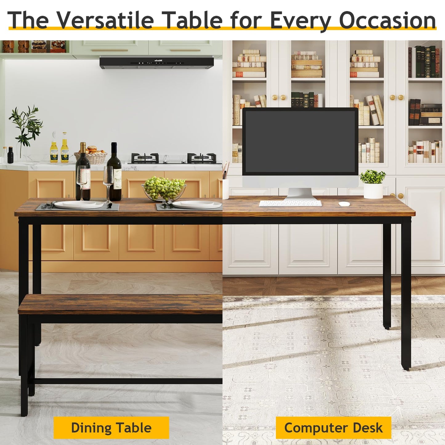 Rovibek 43" Dining Table Set for 4, Modern Space Saving Kitchen Breakfast Table with Benches & Adjustable Feet, Wooden Industrial Style Farmhouse, Brown