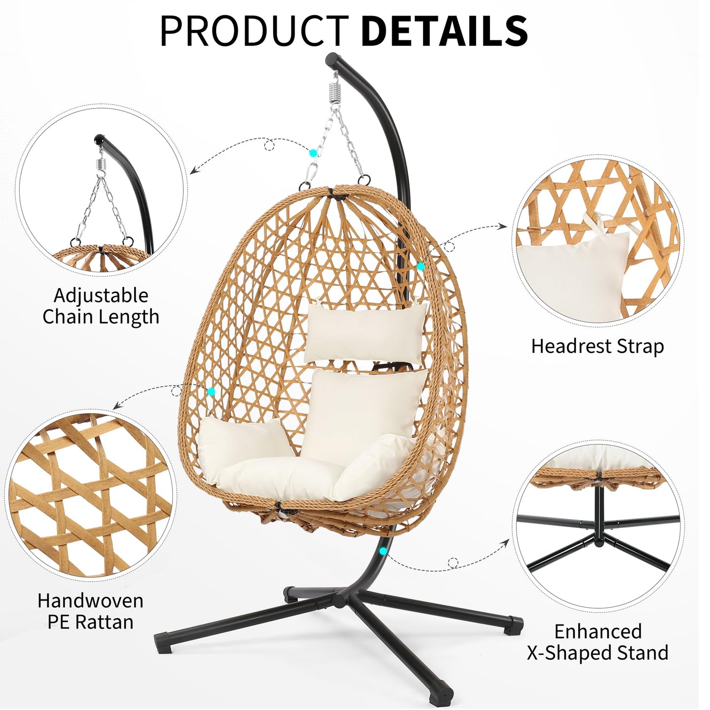 LEX CRAFT Egg Chair with Stand, Patio Wicker Hanging Chair, Hammock Swing Chair, 350LBS Capacity for Bedroom, Balcony, Garden (YE-BE)