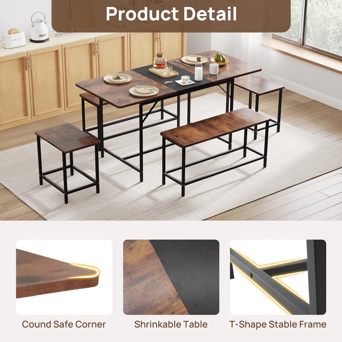 amzzar 5 Piece Dining Table Set for 4-6, 63" Extendable Dining Room Table with 2 Benches & 2 Stools, Farmhouse Kitchen Table and Chairs with Metal Frame & MDF Board,Space-Saving, Rustic Brown
