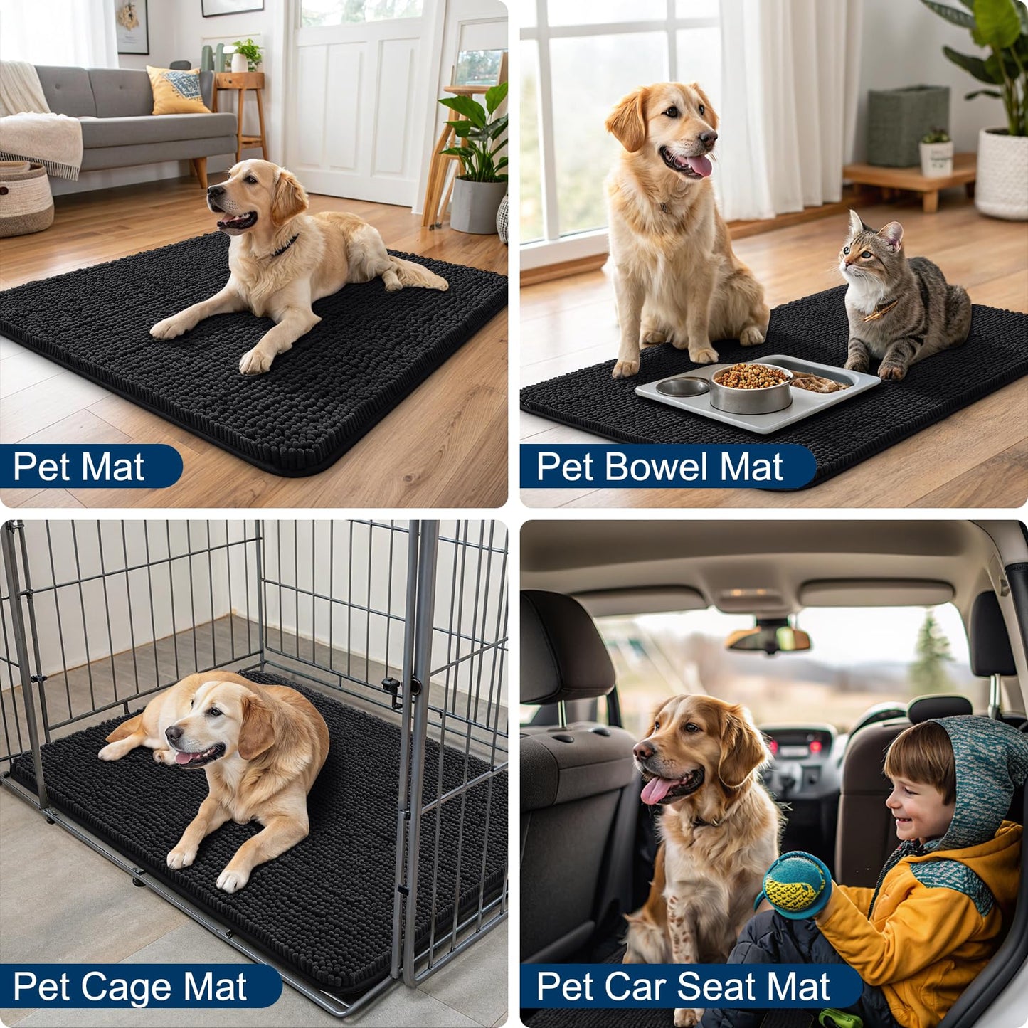 Smiry Dog Door Mat for Muddy Paws 47x32, Absorbs Moisture and Dirt Doormat, Non-Slip Washable Quick Dry Chenille Front Door Mat Indoor Entrance, Entryway Carpet for Inside Floor, Black