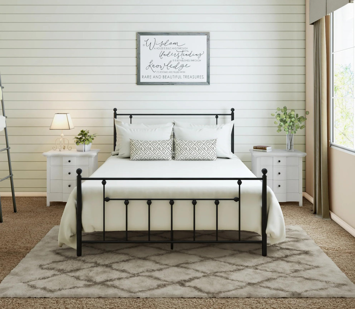 Golden Gate Beds Victorian Style Metal Platform Bed Frame with Antique Wrought Iron-Art Headboard and Footboard, Classic Cama Steel Mattress Foundation, No Box Spring Needed, Queen Size, Black Finish