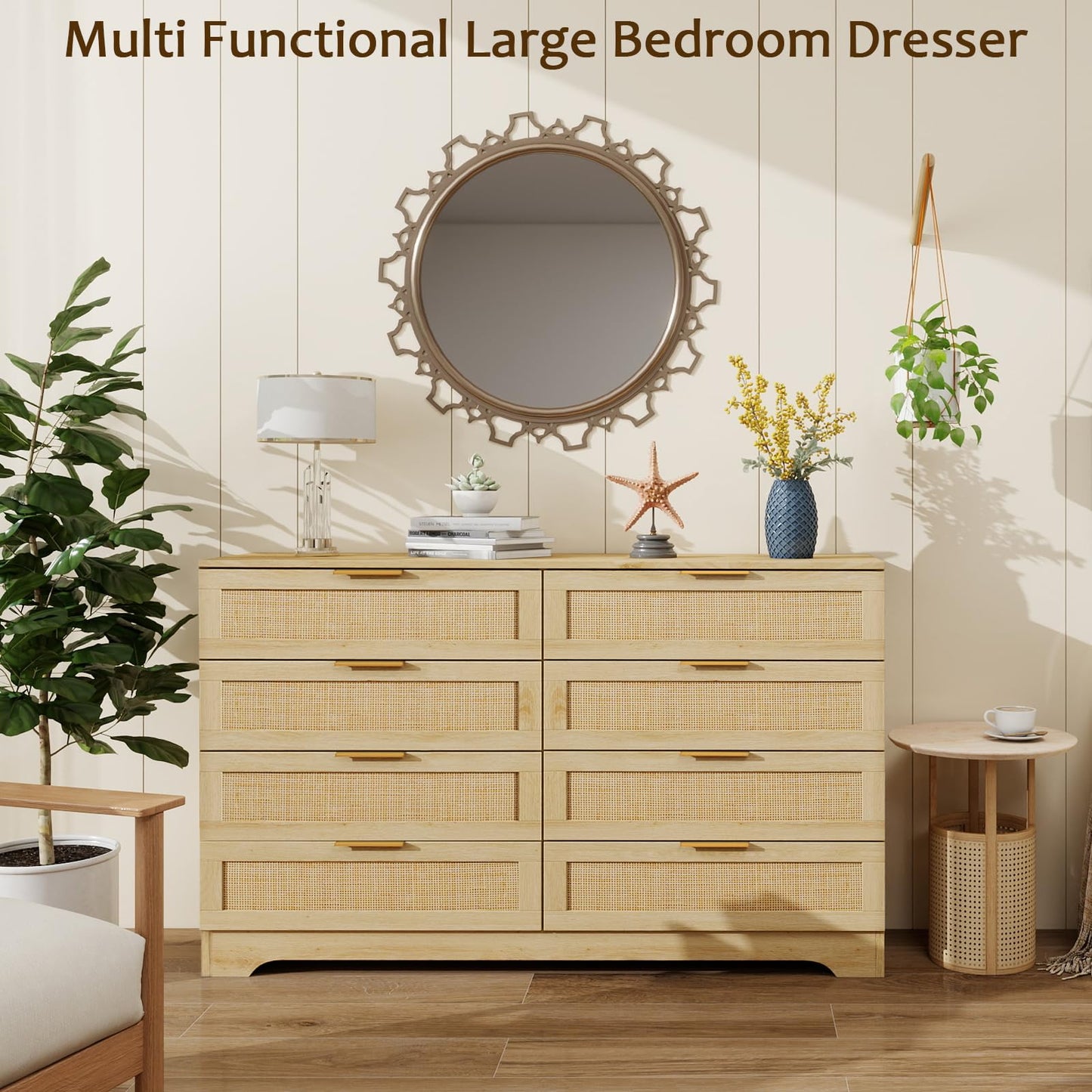 HOPUBUY 8 Drawer Dresser for Bedroom, Rattan Modern Closet Dressers Chest of Drawers, Boho Wood Double Wicker Dresser Storage Closet for Bedroom, Living Room, Entryway (Natural)