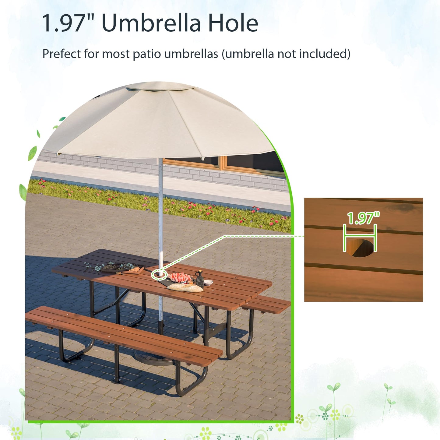 DOPERFE 72" Wooden Picnic Table, Picnic Table with Benches, Steel Frame with Umbrella Hole 1.97" for Patio Party Barbecue Party (Brown + Black, 72")