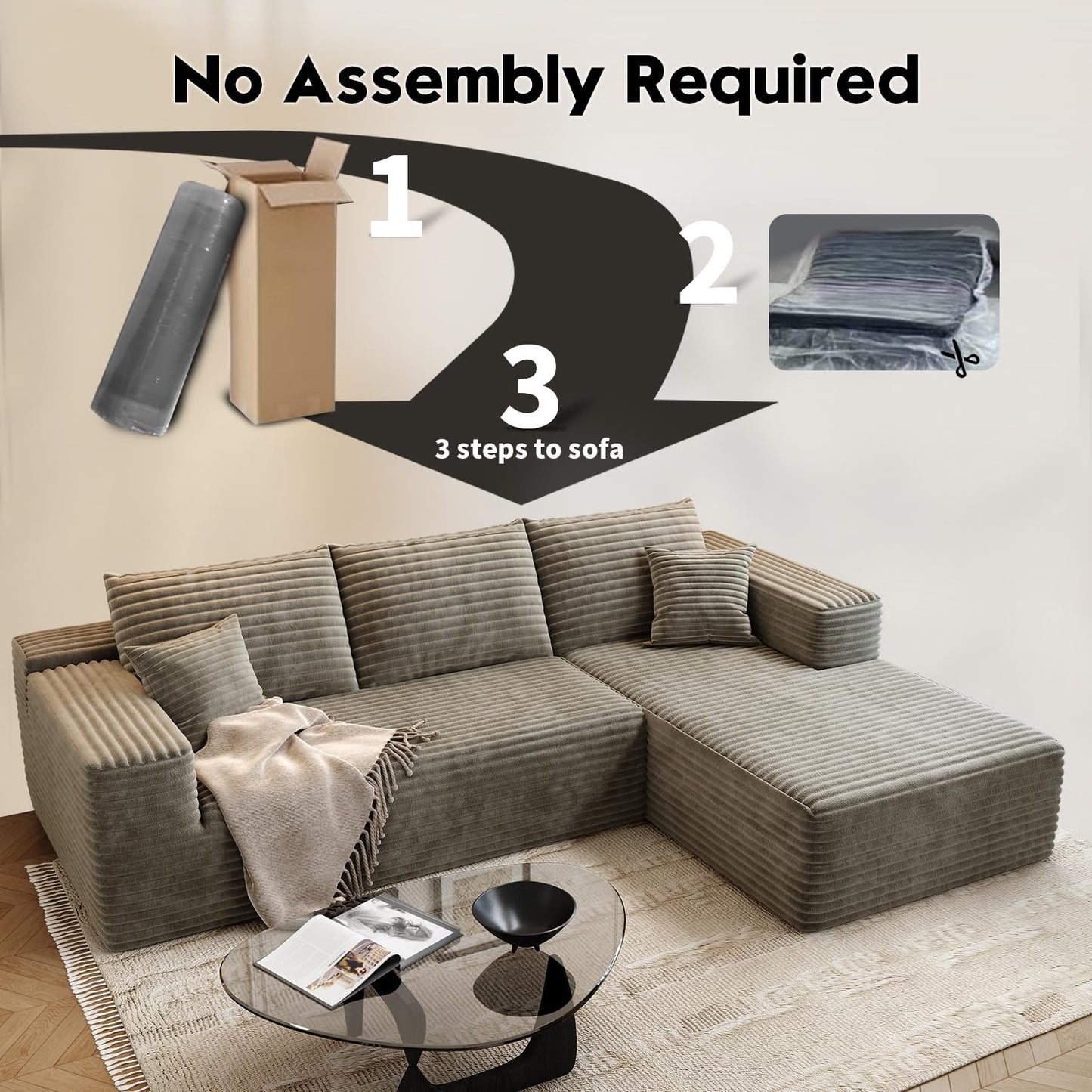 107.5" Cloud Modular Sectional Sofa Couch with L-Shape Chaise,Modern Minimalist Upholstered Couches for Living Room Bedroom,Deep Seat Corner Couch，No Assembly Required (Camel,Right Facing Chaise)