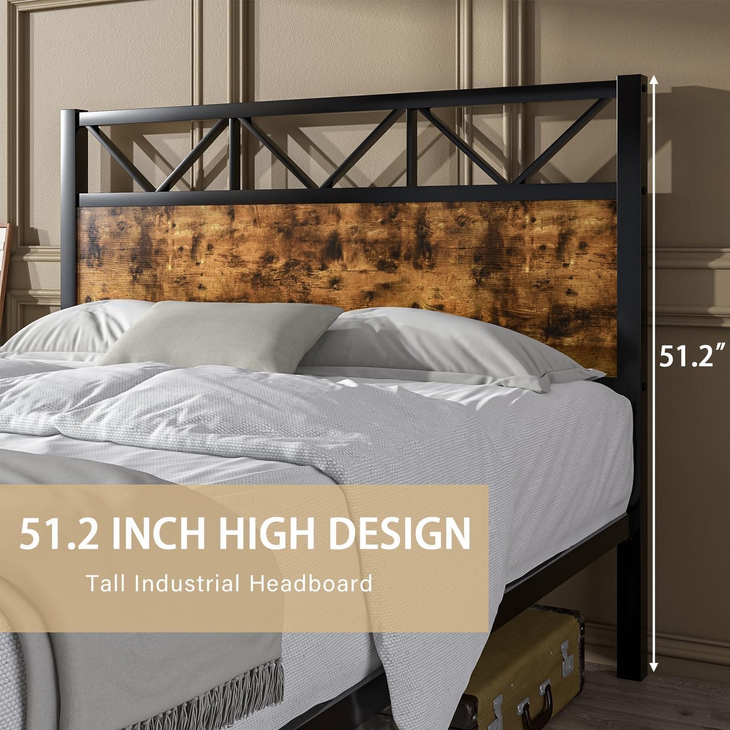 CHABUILDREARK King Size Bed Frame and 51.2" Tall Headboard, King Platform Bed Frame with Headboard, Heavy Duty Metal Slats Support, No Box Spring Needed, Noise-Free, Easy Assembly, Rustic Brown
