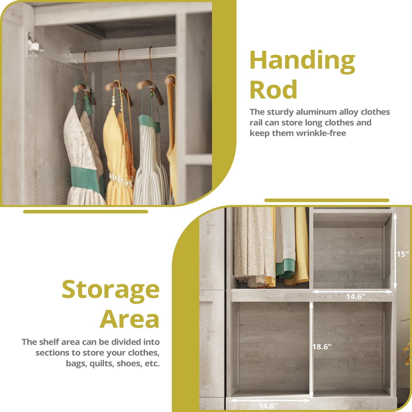 LIKIMIO Large Wardrobe Closet, Farmhouse Clothing Storage Cabinet with Hanging Rod and 2 Doors, Wooden Tall Bedroom Armoires with Storage Shelves, Rustic White